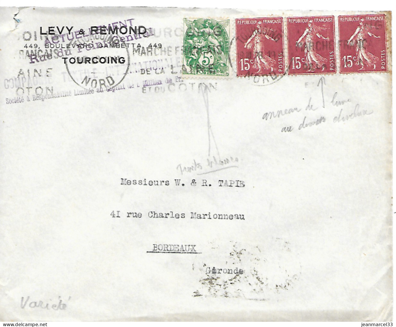 Variété Sur Lettre N° Yvert 189, Bande De 3, Anneau Lune Sur Celui Du Centre Sous Le ç De Française - Covers & Documents