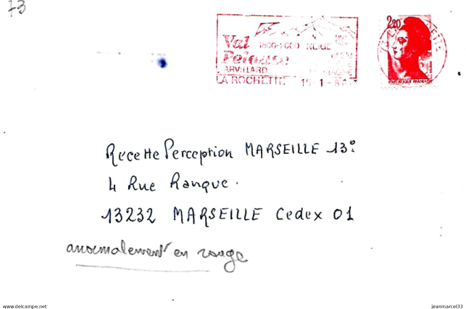 Curiosité Sur Lettre, Flamme Illustrée Frappée En Rouge Au Lieu De Noire 73 La Rochette 15-1 86 - Storia Postale