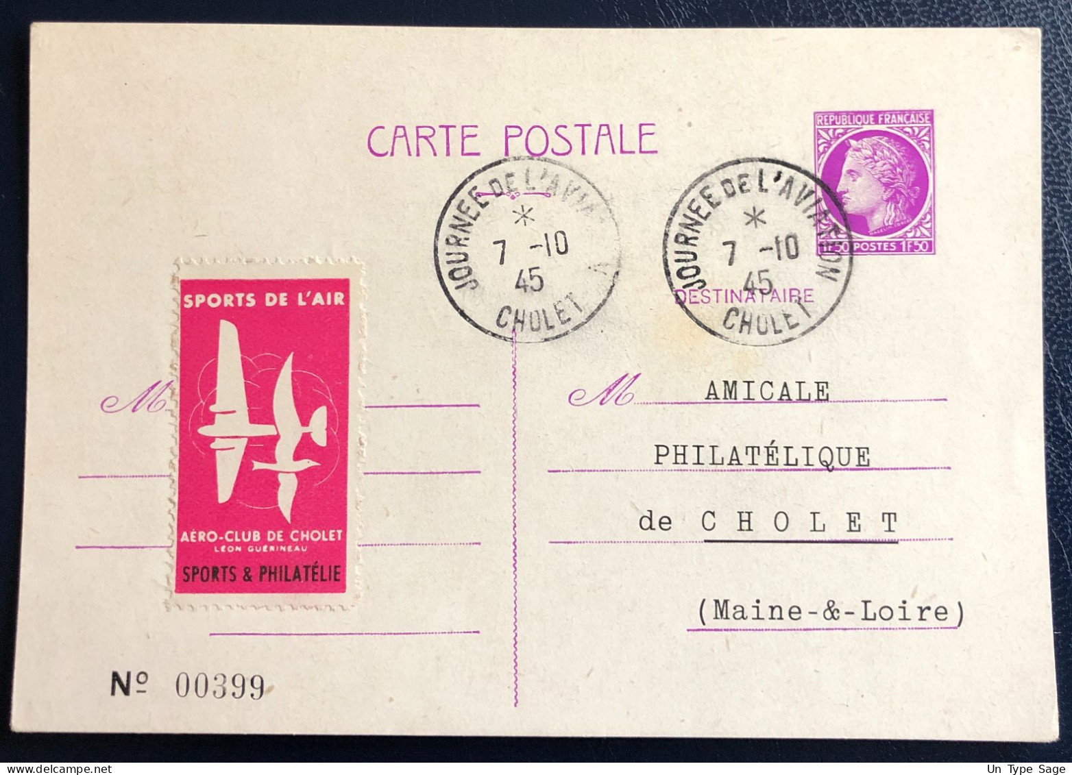 France Entier N°679-CP1 - TAD JOURNEE DE L'AVIATION, CHOLET 7.10.1945 + Vignette - (B1681) - 1927-1959 Brieven & Documenten