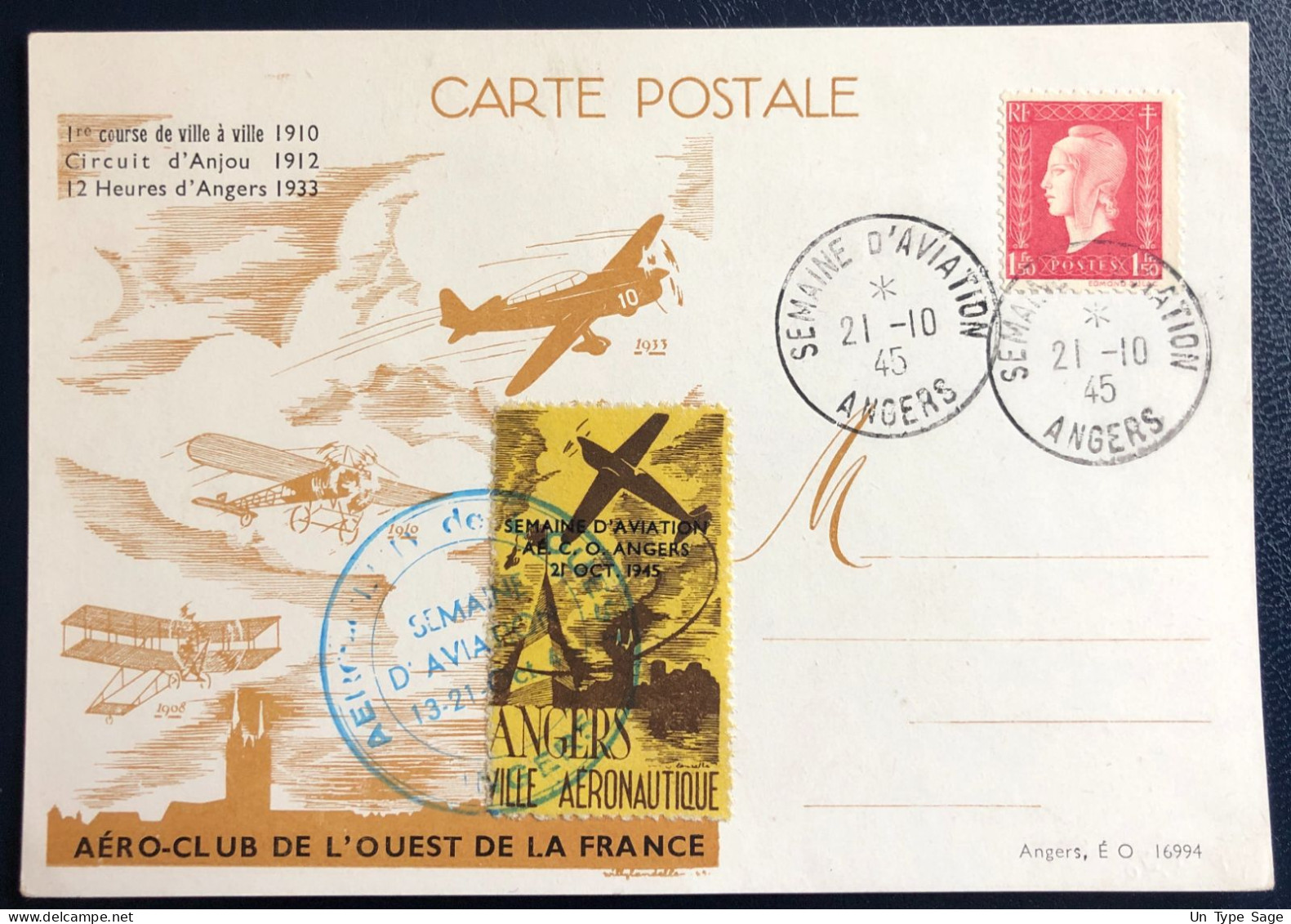 France Divers Sur Carte - TAD SEMAINE DE L'AVIATION, ANGERS 21.10.1945 + Vignette - (B1692) - 1927-1959 Lettres & Documents