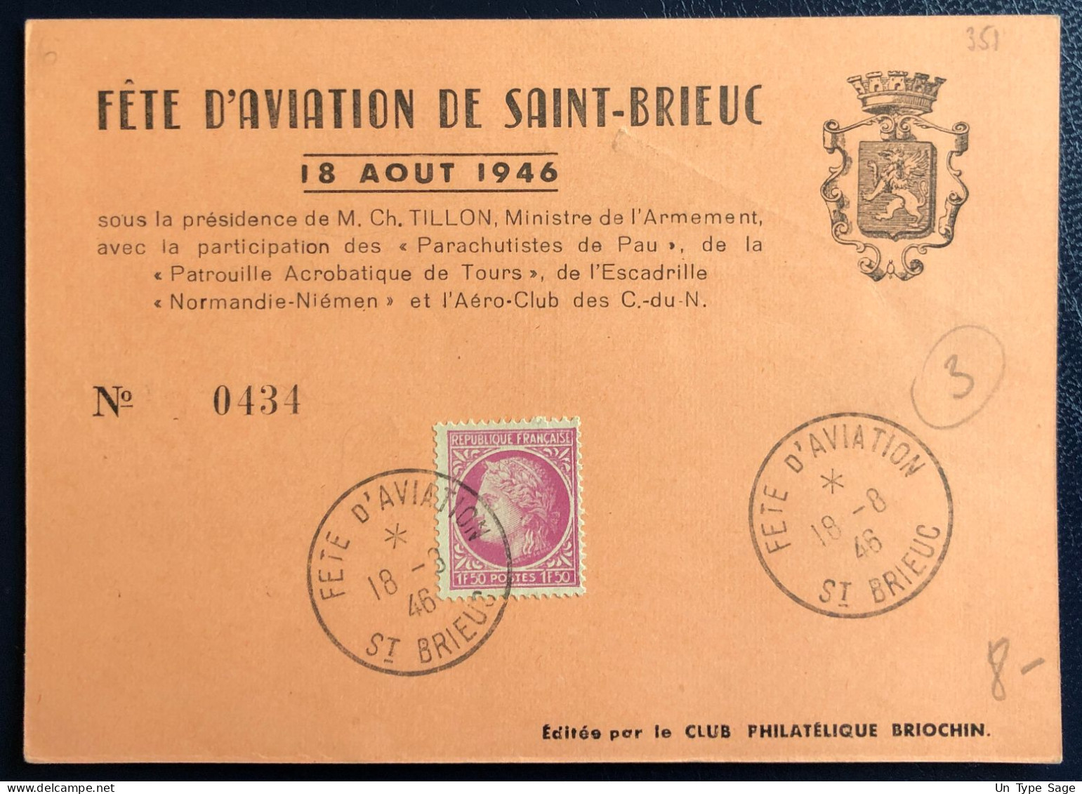 France Divers Sur Carte - TAD FETE DE L'AVIATION, ST BRIEUC 18.8.1946 - (B1698) - 1927-1959 Covers & Documents