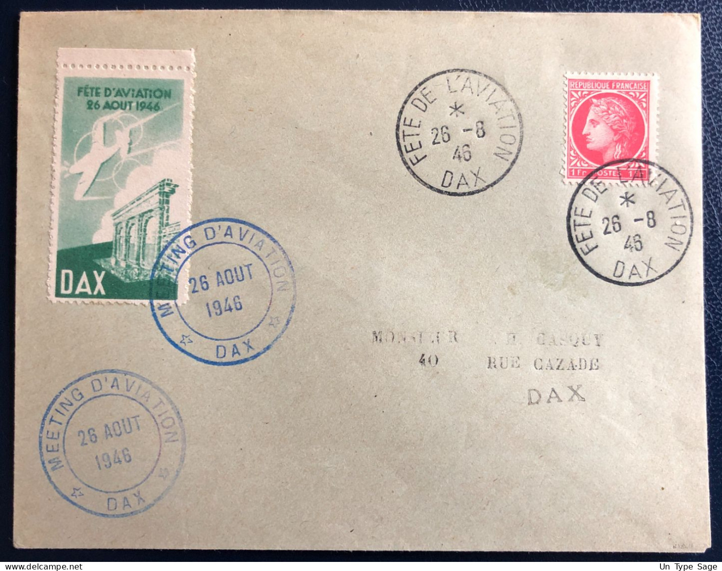 France Divers Sur Enveloppe - TAD FETE DE L'AVIATION, DAX 26.8.1946 + Vignette - (B1705) - 1927-1959 Briefe & Dokumente