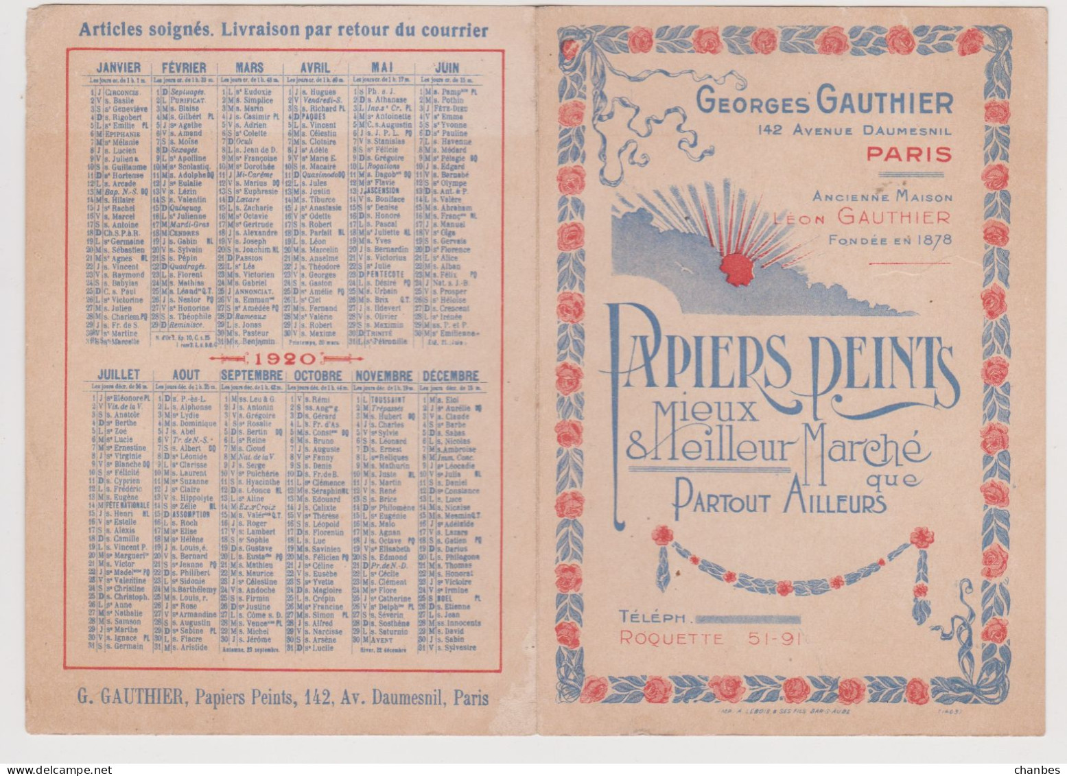 Petit Calendrier Papiers Peints Georges Gautier 1920 - Tamaño Pequeño : 1901-20