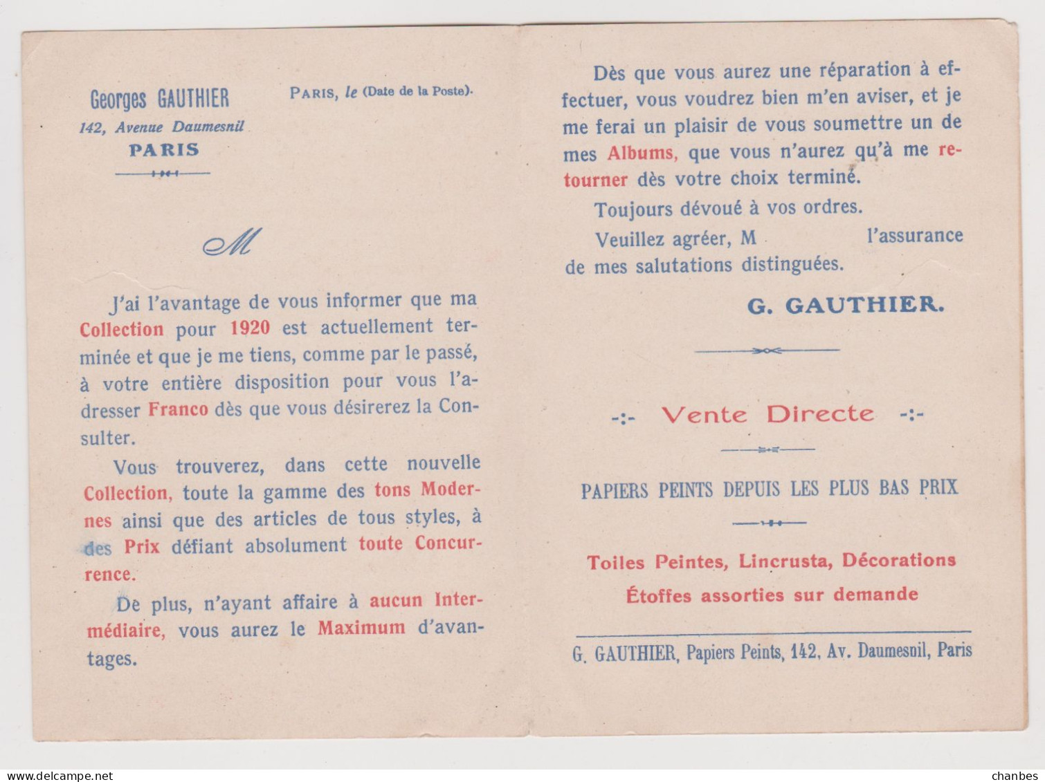 Petit Calendrier Papiers Peints Georges Gautier 1920 - Tamaño Pequeño : 1901-20