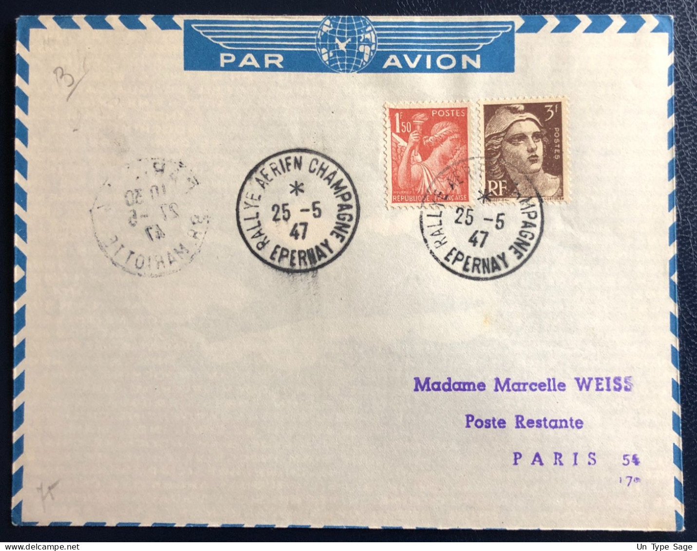 France Divers Sur Enveloppe - TAD RALLYE AERIEN CHAMPAGNE, EPERNAY 25.5.1947 - (B1738) - 1927-1959 Storia Postale