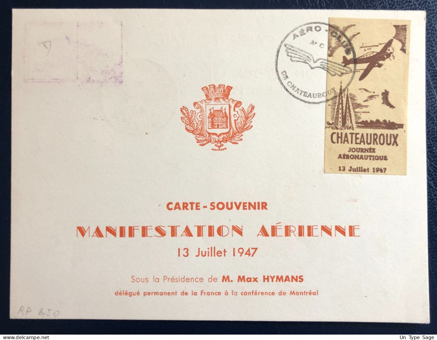 France Divers Sur Carte - TAD JOURNEE AERONAUTIQUE 13.7.1947 + Vignette Au Verso - (B1745) - 1927-1959 Lettres & Documents