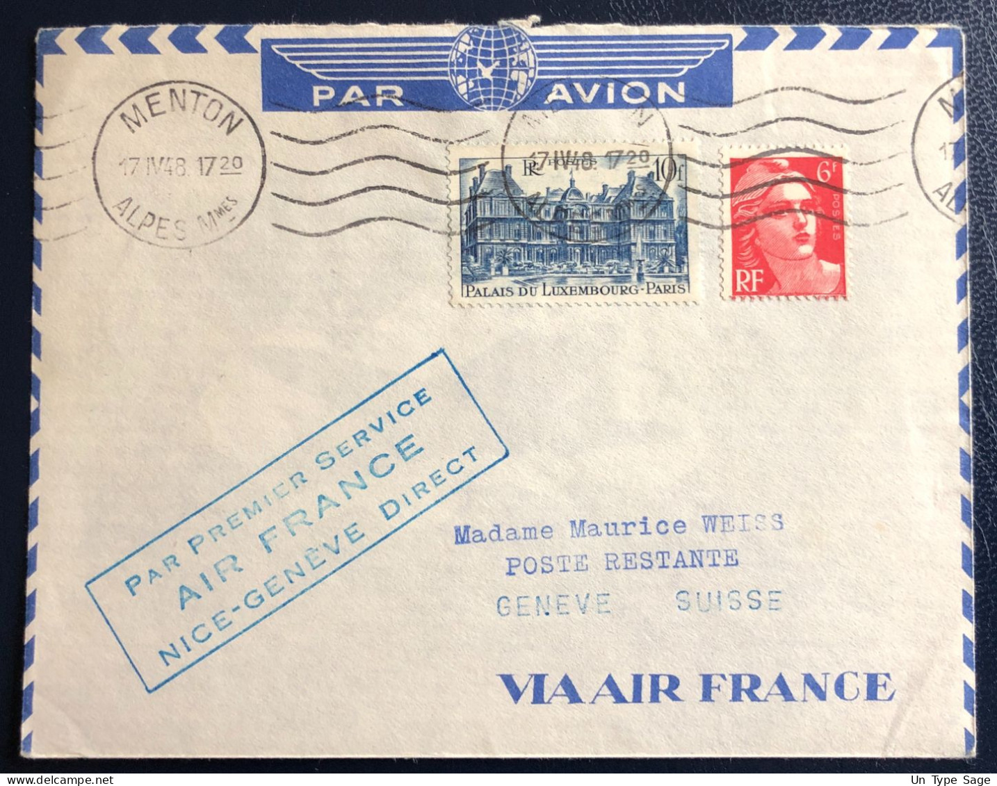 France Divers Sur Enveloppe - PAR PREMIER SERVICE AIR FRANCE NICE-GENEVE DIRECT 17.4.1948 - (B1746) - 1927-1959 Briefe & Dokumente