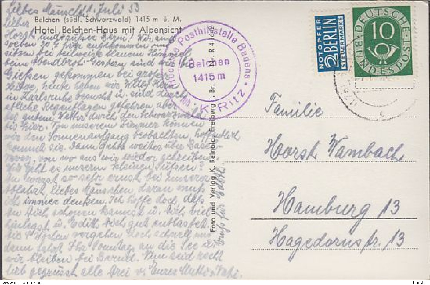 D-79244 Münstertal - Schwarzwald - Hotel Belchenhaus - Parkplatz - Cars - Nice Stamps 1953 - Muenstertal