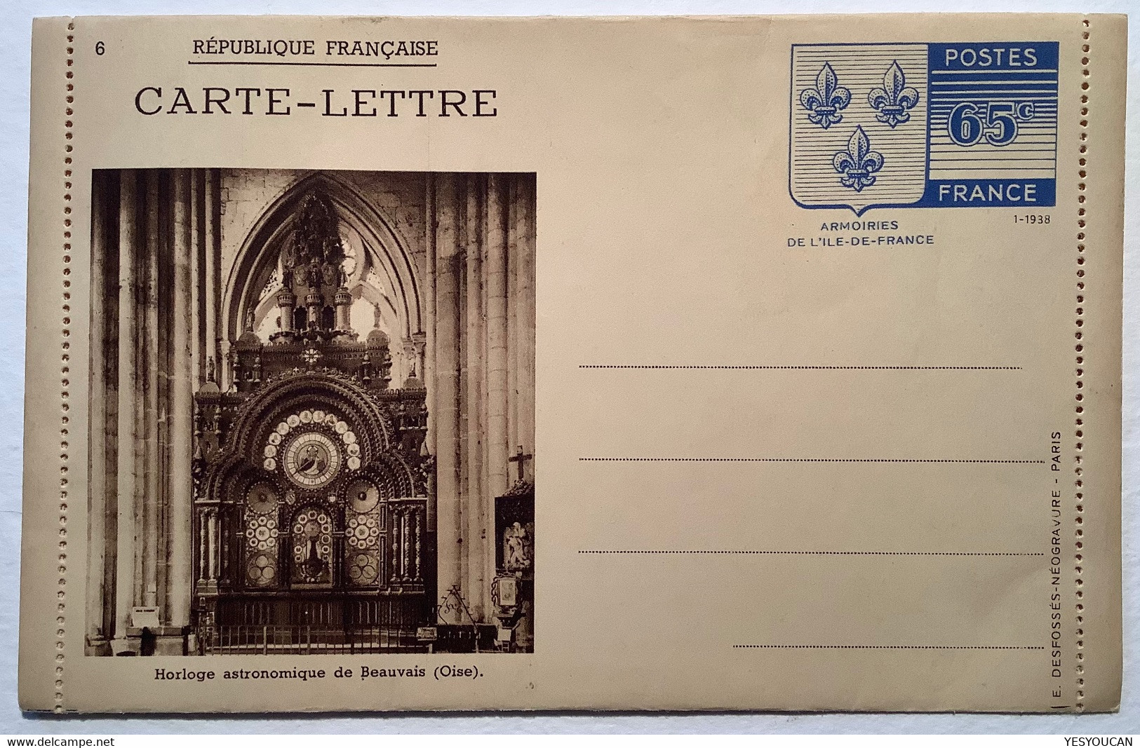 1938 HORLOGE ASTRONOMIQUE DE BEAUVAIS OISE Carte Lettre 65c Ile De France(Entier Postal#14 Astronomie Clock Astronomy - Cartes-lettres