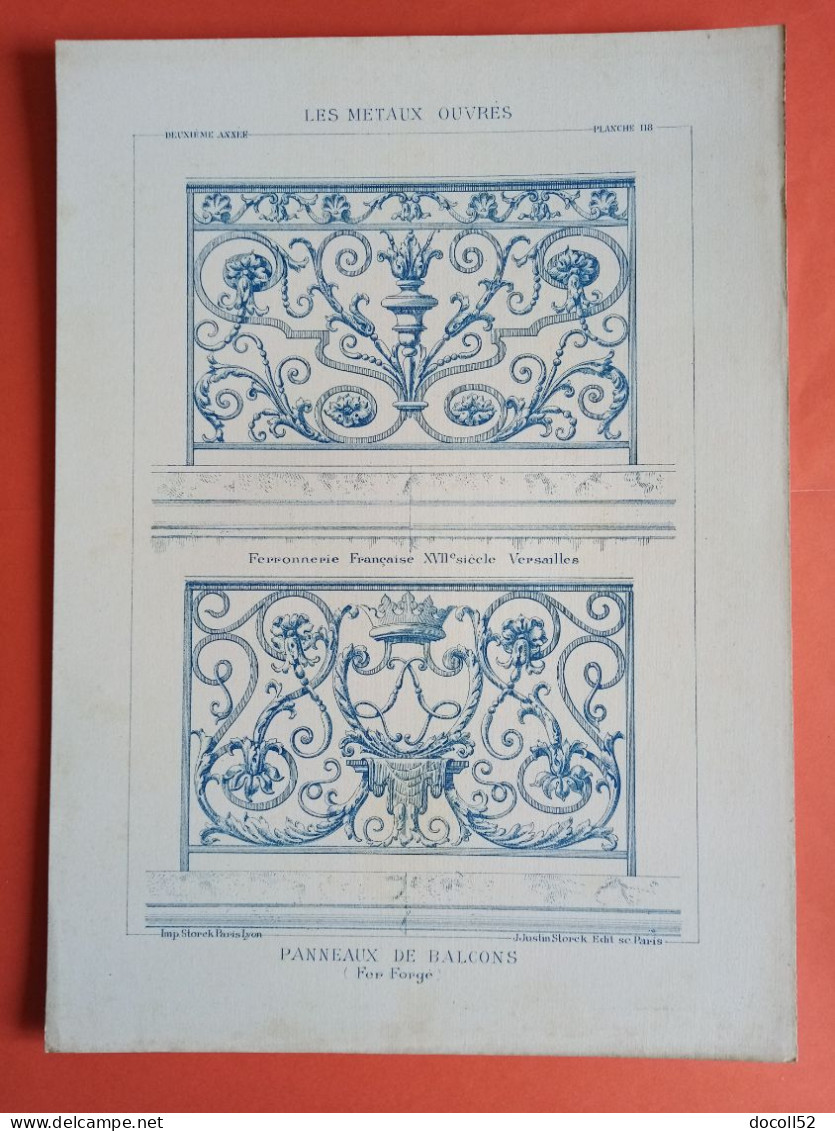 LES METAUX OUVRES 1883 LITHO FER FONTE CUIVRE ZINC " PANNEAUX DE BALCONS EN FER FORGE A VERSAILLES " 1 PLANCHE - Architecture