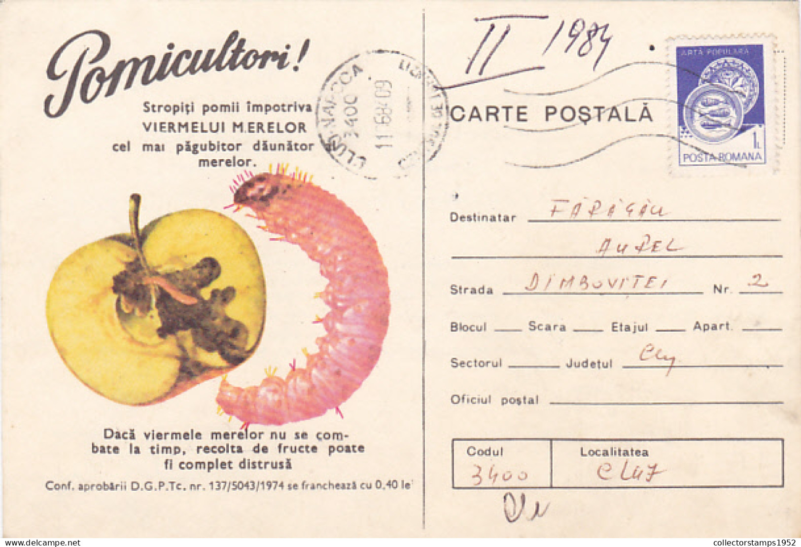 APPLE WORM, PESTS ADVERTISING, AGRICULTURE, SPECIAL POSTCARD, 1984, ROMANIA - Agriculture