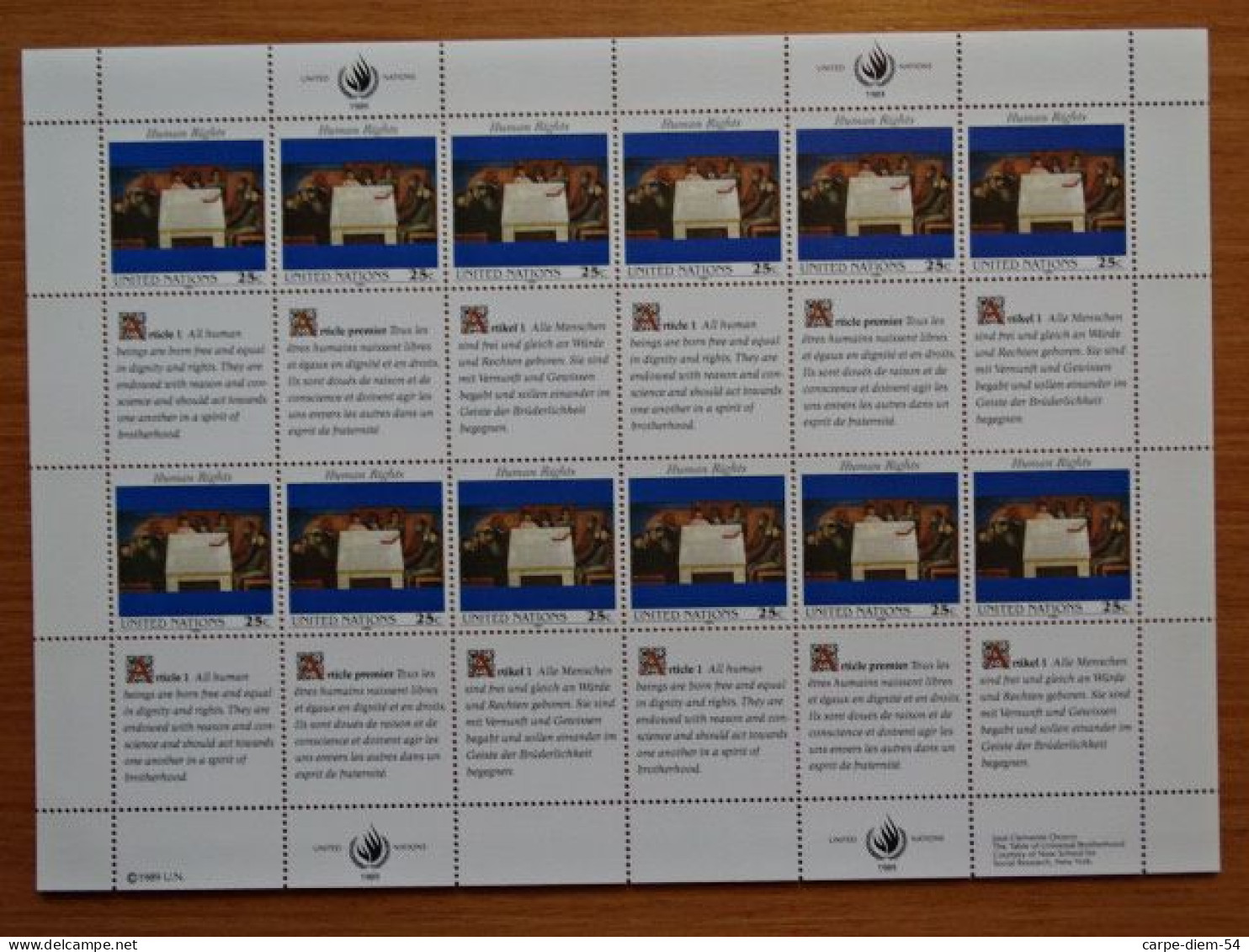 United Nations - Vereinte Nationen - Bloc / Feuillet 12 Timbres - Human Rights - Article 1 - 1989 - Lots & Serien