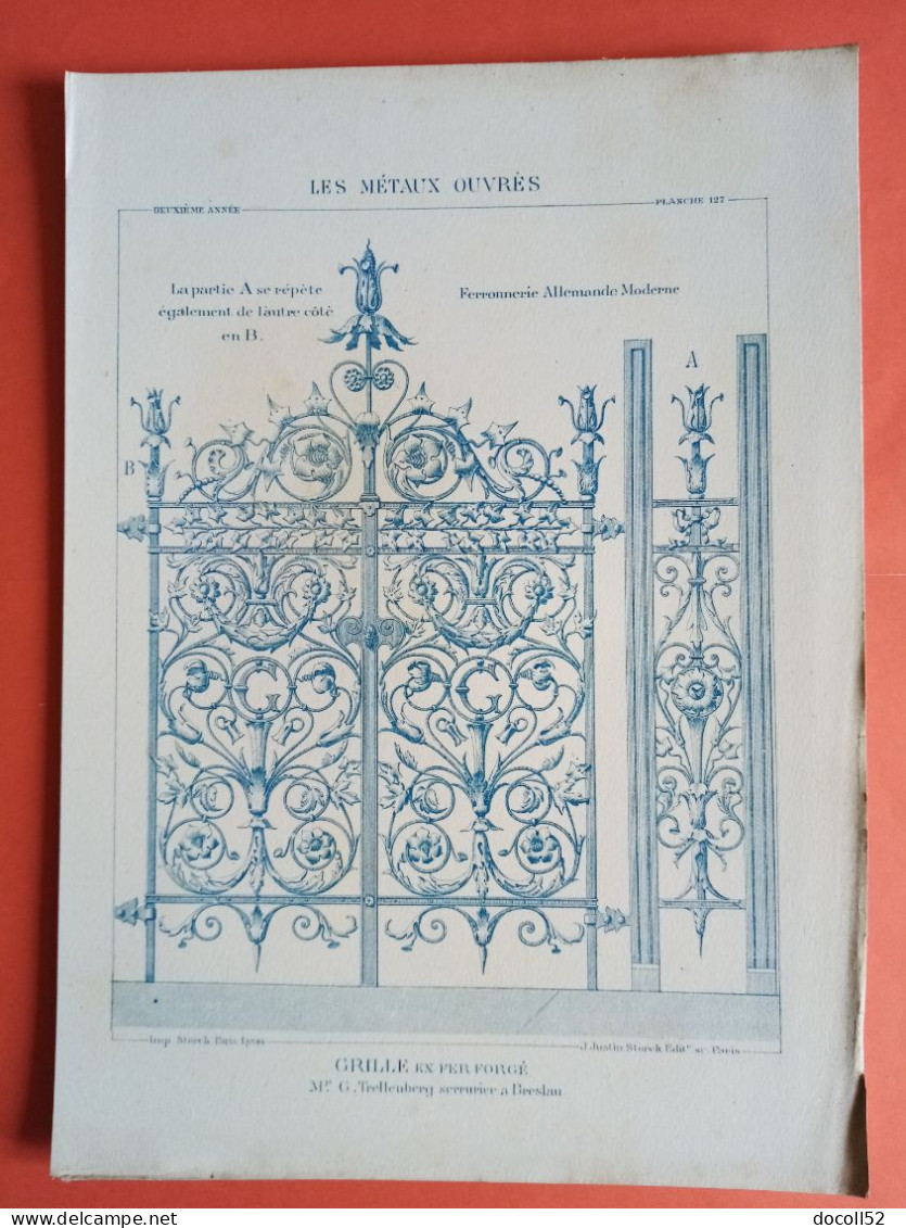 LES METAUX OUVRES 1883 LITHO FER FONTE CUIVRE ZINC " GRILLE EN FER FORGE Mr TRELLENBERG SERRURIER A BRESLAU  " 1 PLANCHE - Architecture