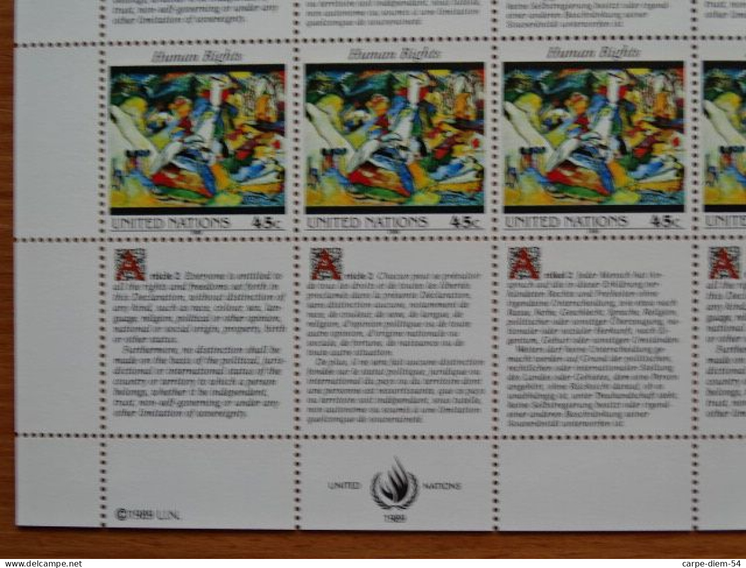 United Nations - Vereinte Nationen - Bloc / Feuillet 12 Timbres - Human Rights - Article 2 - 1989 - Verzamelingen & Reeksen