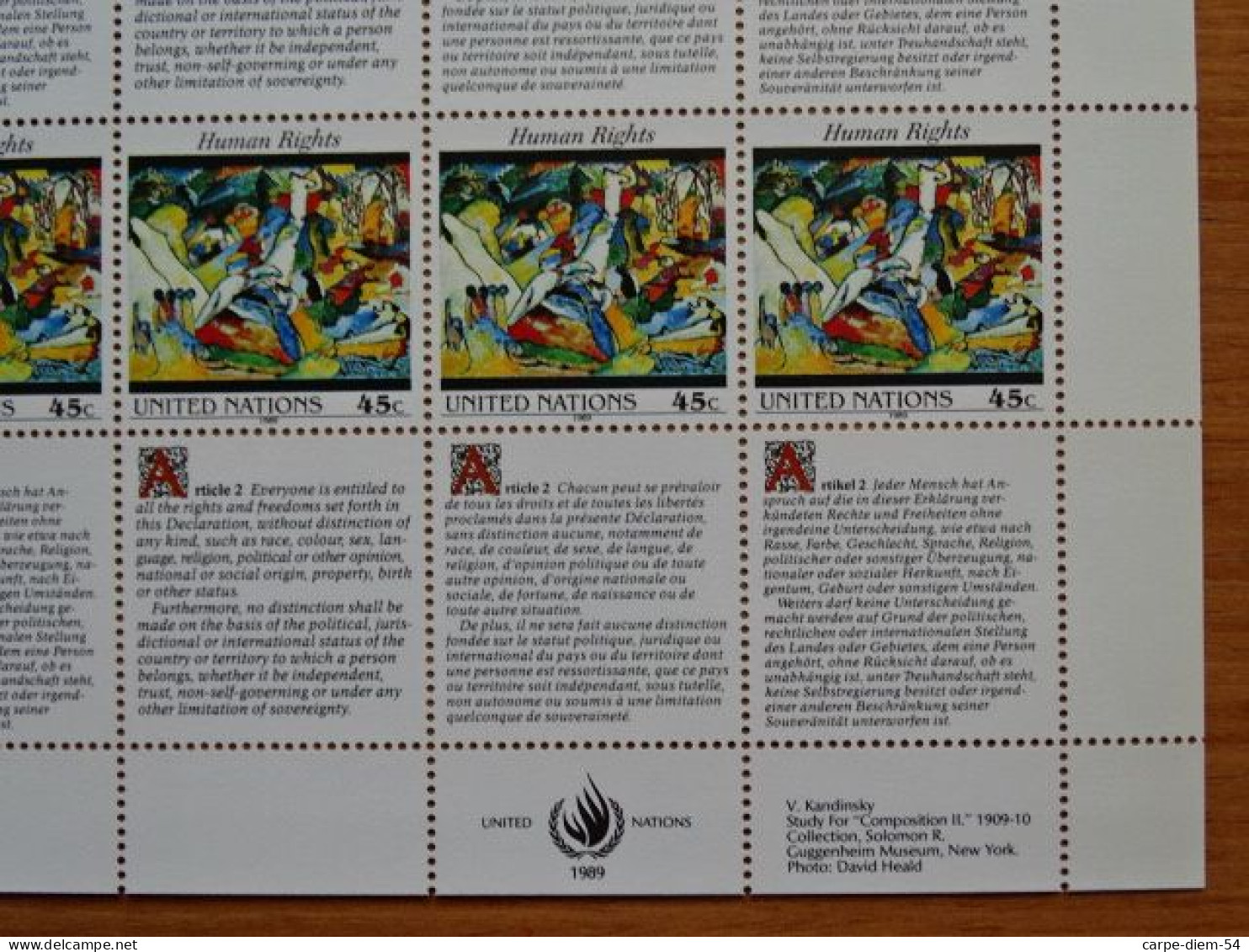 United Nations - Vereinte Nationen - Bloc / Feuillet 12 Timbres - Human Rights - Article 2 - 1989 - Collections, Lots & Séries