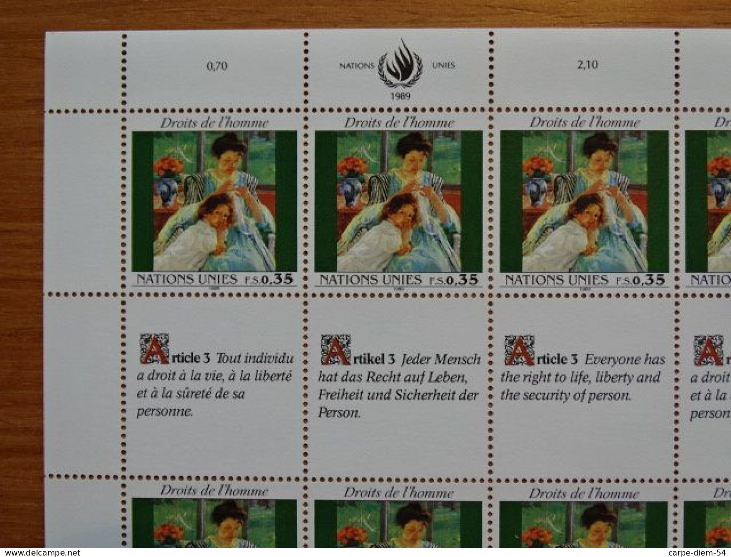 United Nations - Vereinte Nationen - Bloc / Feuillet 12 Timbres - Human Rights - Droits De L'Homme - Article 3 - 1989 - Colecciones & Series