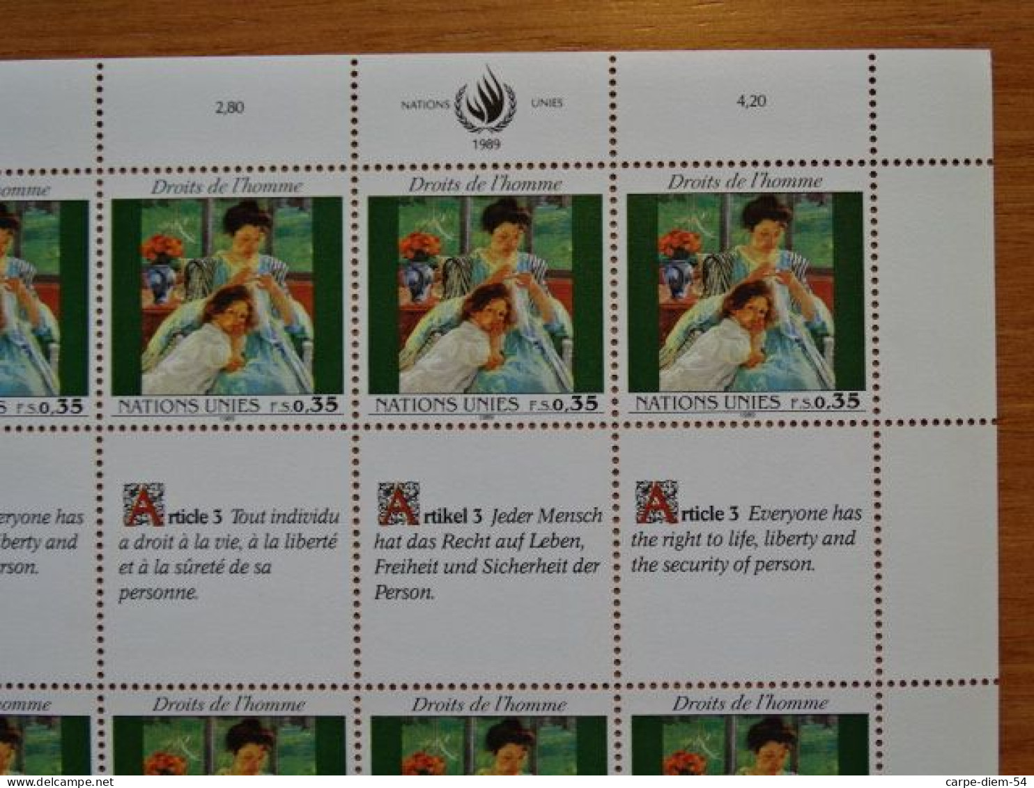 United Nations - Vereinte Nationen - Bloc / Feuillet 12 Timbres - Human Rights - Droits De L'Homme - Article 3 - 1989 - Lots & Serien