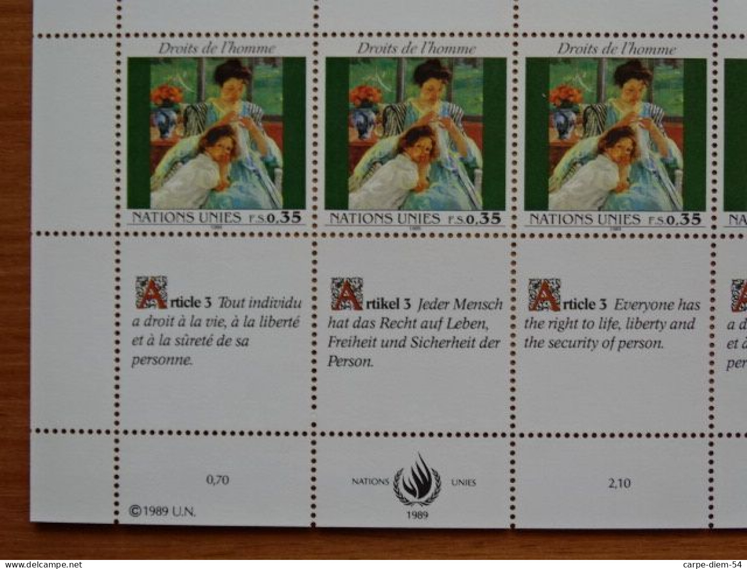 United Nations - Vereinte Nationen - Bloc / Feuillet 12 Timbres - Human Rights - Droits De L'Homme - Article 3 - 1989 - Collections, Lots & Series