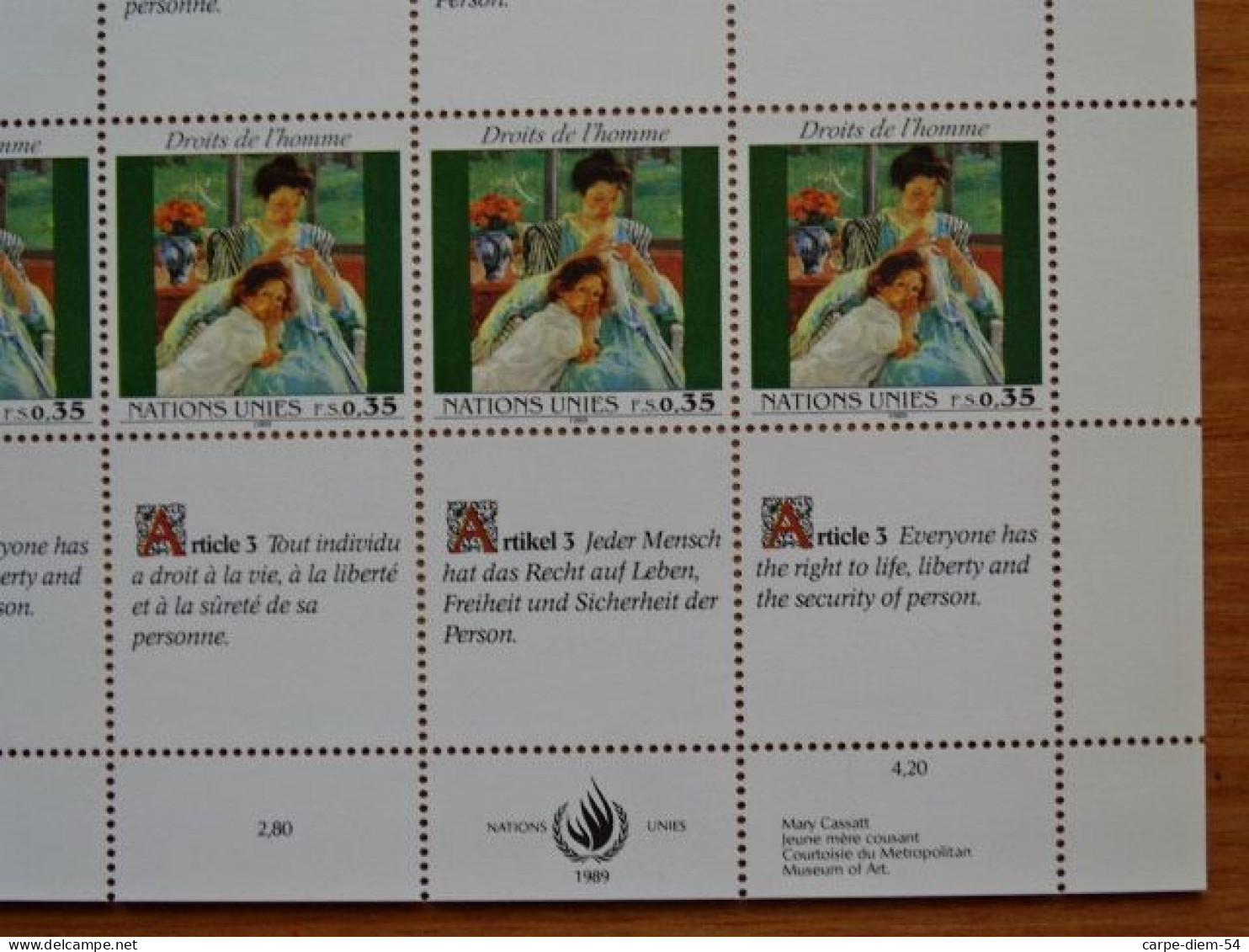 United Nations - Vereinte Nationen - Bloc / Feuillet 12 Timbres - Human Rights - Droits De L'Homme - Article 3 - 1989 - Lots & Serien