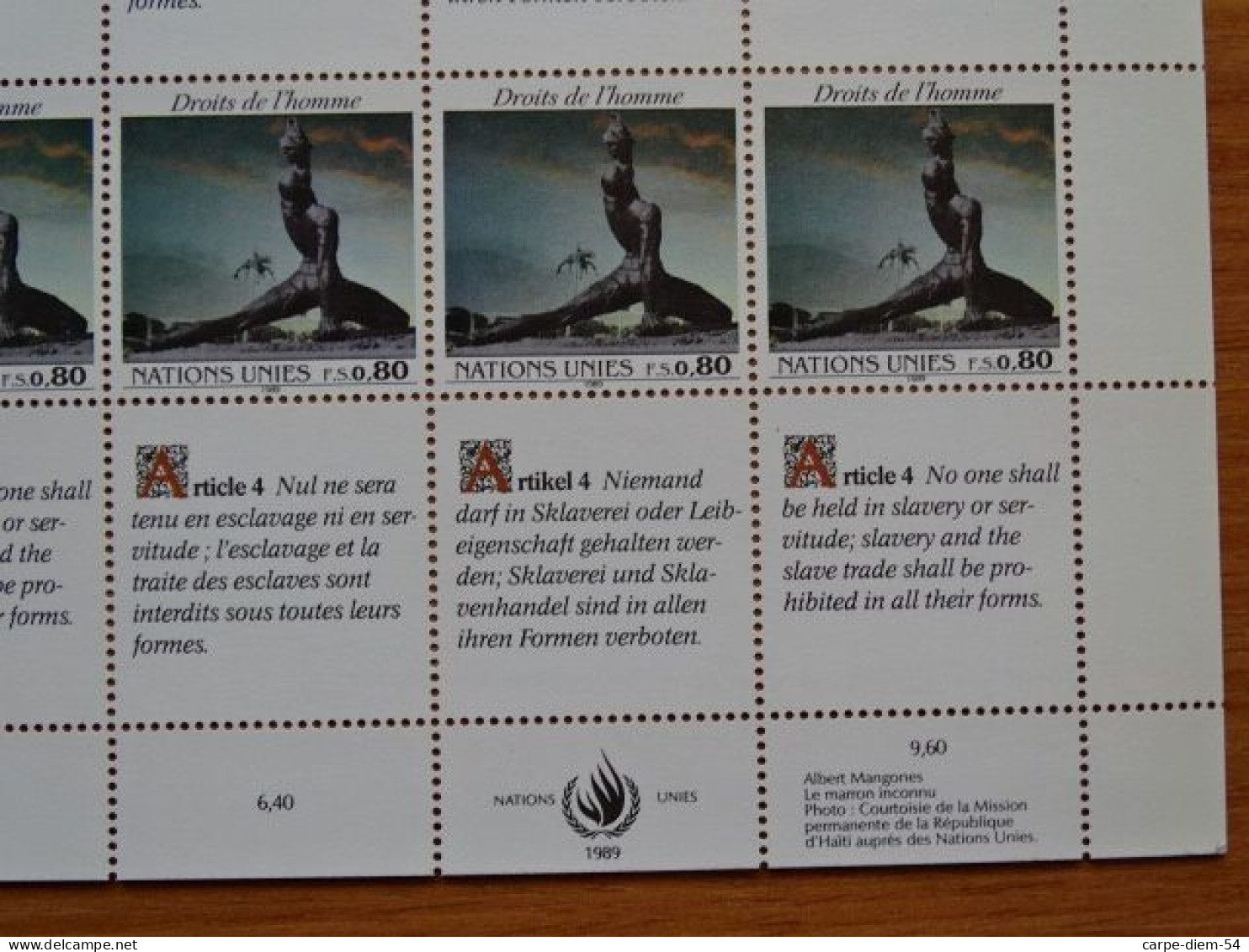 United Nations - Vereinte Nationen - Bloc / Feuillet 12 Timbres - Human Rights - Droits De L'Homme - Article 4 - 1989 - Lots & Serien