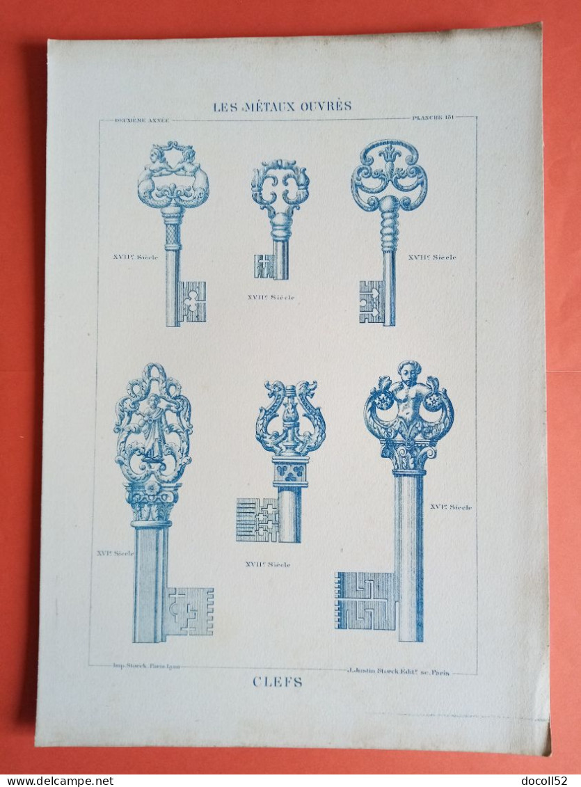 LES METAUX OUVRES 1883 LITHO FER FONTE CUIVRE ZINC " CLEFS XVI° ET XVII° SIECLE " 1 PLANCHE - Architecture