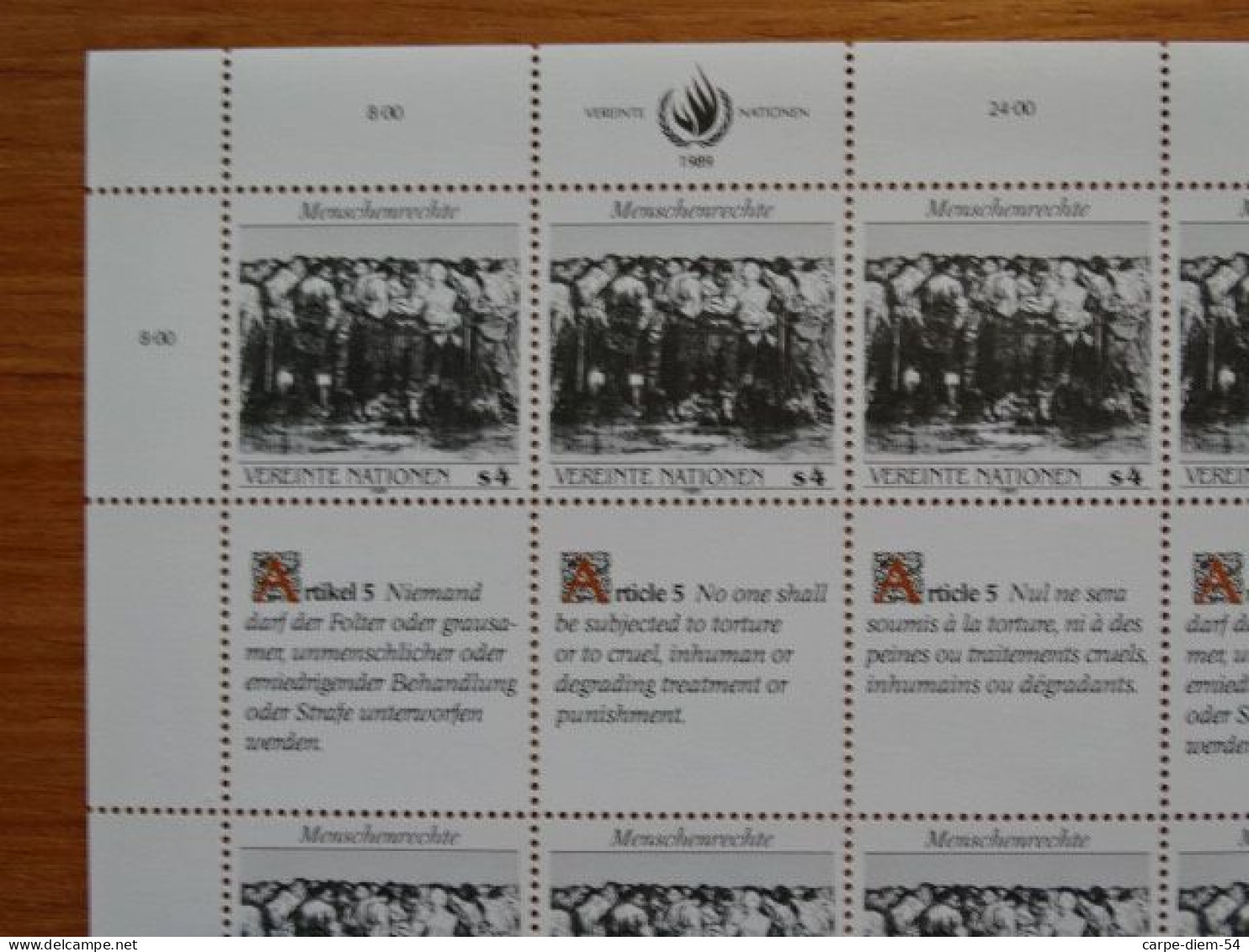 United Nations - Vereinte Nationen - Bloc / Feuillet 12 Timbres - Human Rights - Droits De L'Homme - Article 5 - 1989 - Colecciones & Series