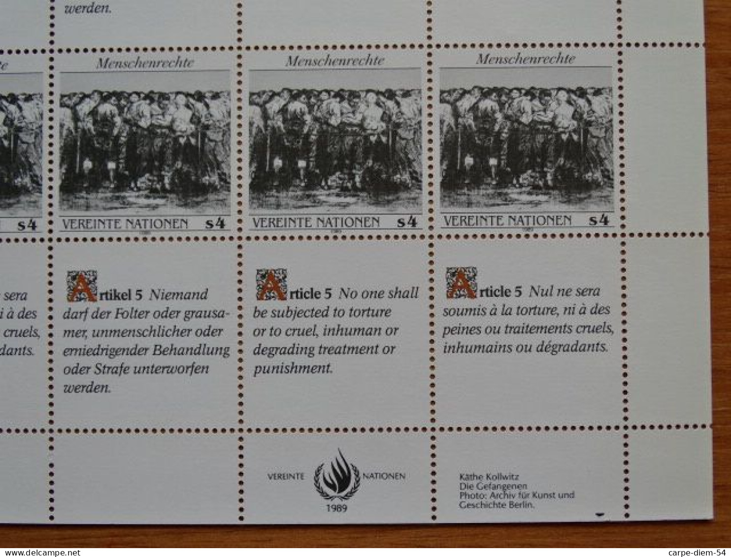 United Nations - Vereinte Nationen - Bloc / Feuillet 12 Timbres - Human Rights - Droits De L'Homme - Article 5 - 1989 - Collections, Lots & Series