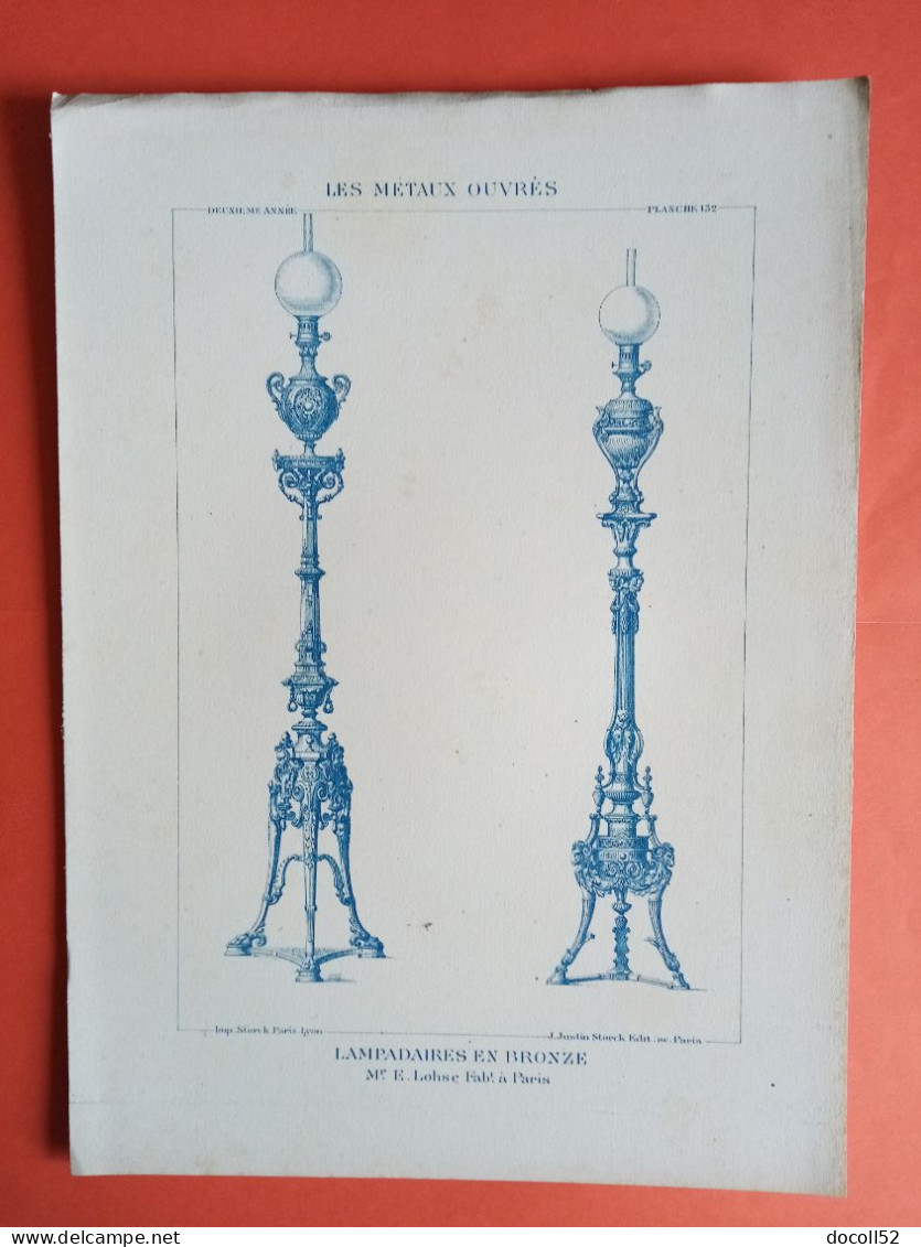 LES METAUX OUVRES 1883 LITHO FER FONTE CUIVRE ZINC " LAMPADAIRES EN BRONZE Mr E LOHSE A PARIS " 1 PLANCHE - Architecture