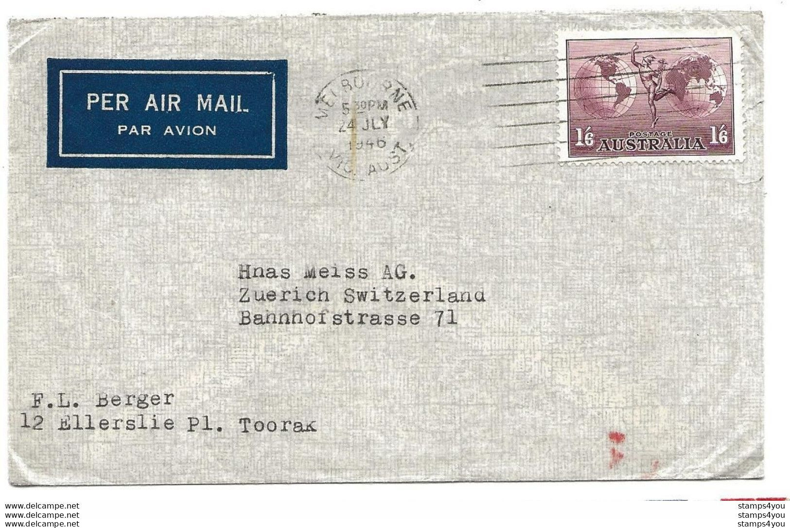 212 - 54 - Enveloppe Envoyée De Melbourne En Suisse 1946 - Brieven En Documenten
