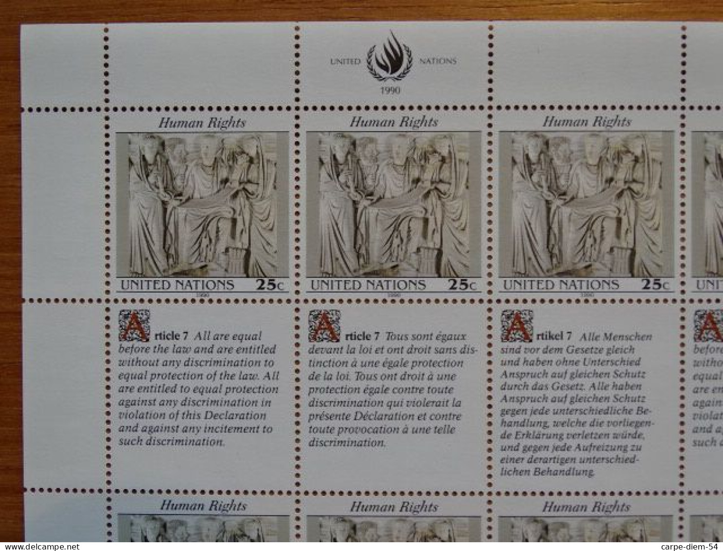 United Nations - Vereinte Nationen - Bloc / Feuillet 12 Timbres - Human Rights - Droits De L'Homme - Article 7 - 1990 - Collezioni & Lotti