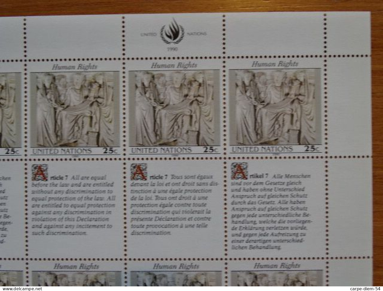 United Nations - Vereinte Nationen - Bloc / Feuillet 12 Timbres - Human Rights - Droits De L'Homme - Article 7 - 1990 - Colecciones & Series