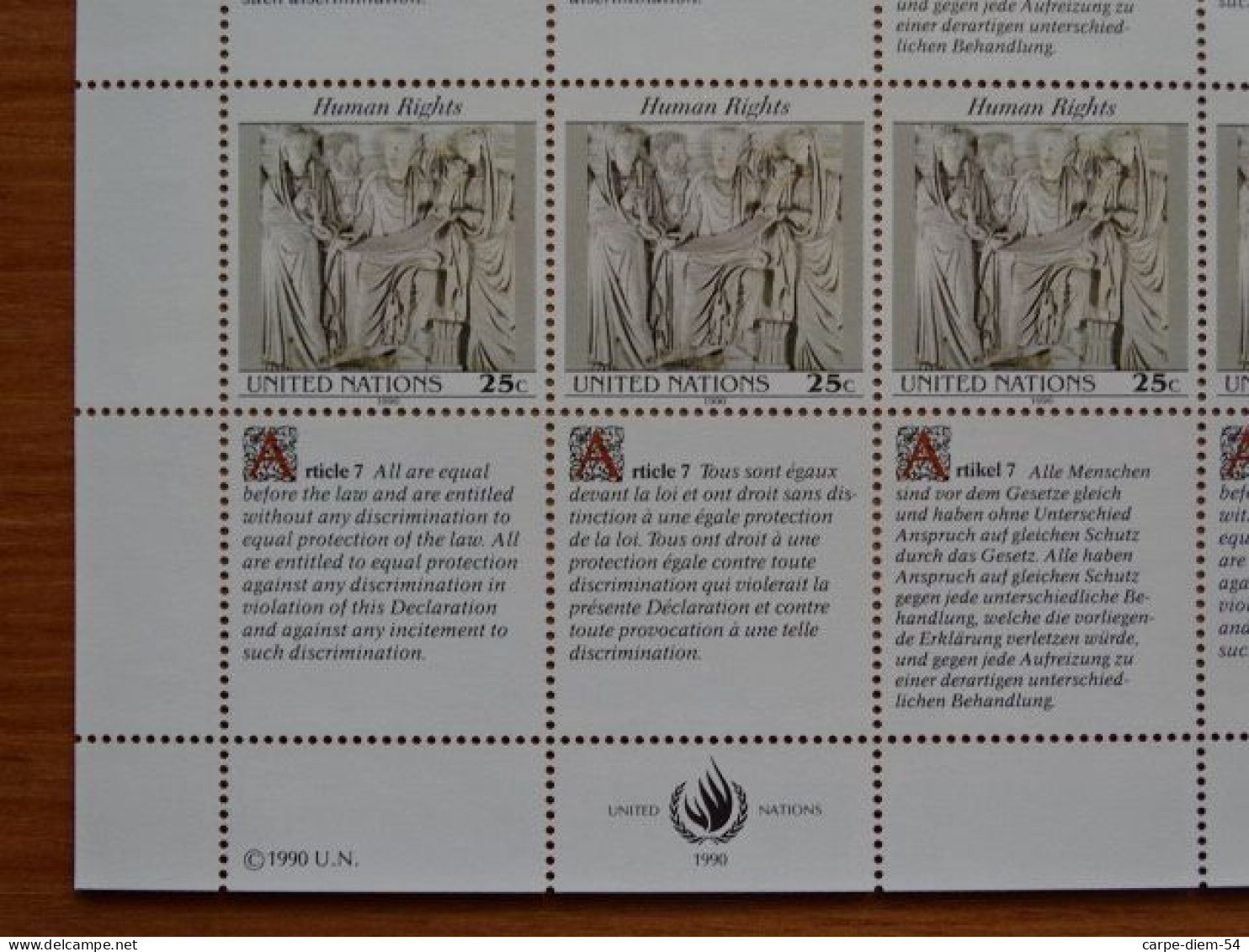 United Nations - Vereinte Nationen - Bloc / Feuillet 12 Timbres - Human Rights - Droits De L'Homme - Article 7 - 1990 - Colecciones & Series