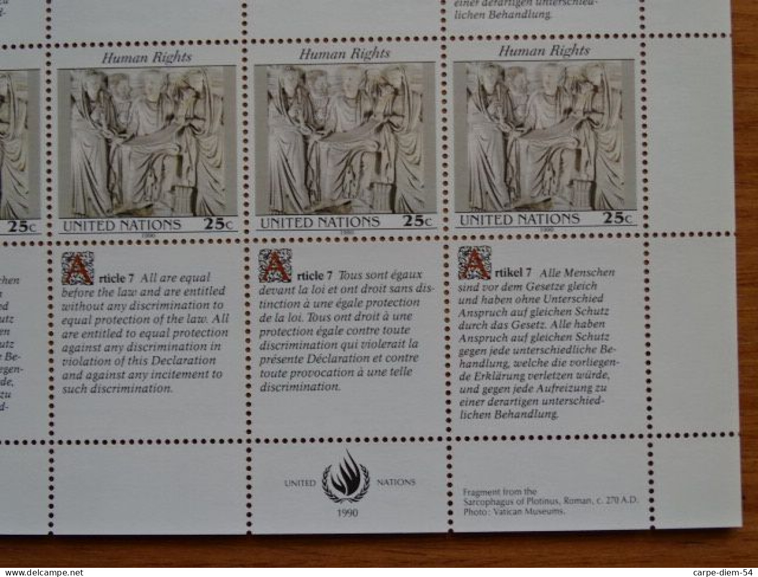 United Nations - Vereinte Nationen - Bloc / Feuillet 12 Timbres - Human Rights - Droits De L'Homme - Article 7 - 1990 - Lots & Serien