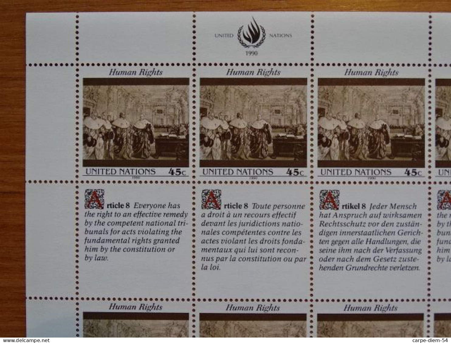 United Nations - Vereinte Nationen - Bloc / Feuillet 12 Timbres - Human Rights - Droits De L'Homme - Article 8 - 1990 - Collections, Lots & Séries