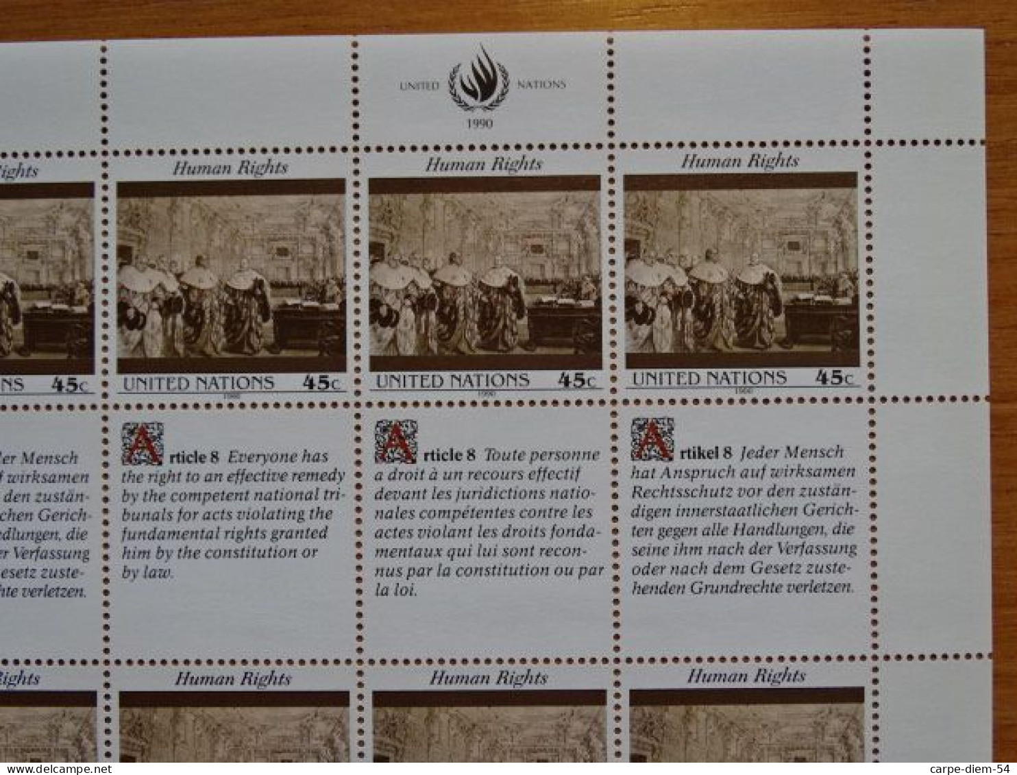 United Nations - Vereinte Nationen - Bloc / Feuillet 12 Timbres - Human Rights - Droits De L'Homme - Article 8 - 1990 - Lots & Serien