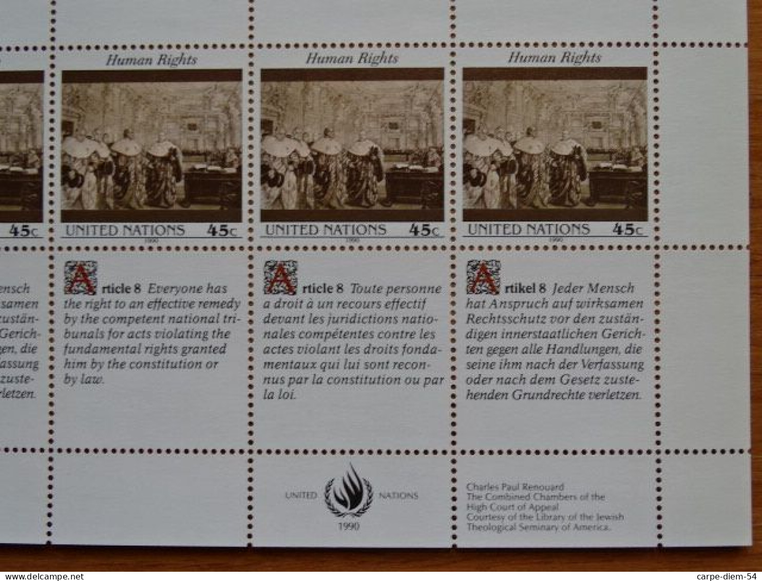 United Nations - Vereinte Nationen - Bloc / Feuillet 12 Timbres - Human Rights - Droits De L'Homme - Article 8 - 1990 - Lots & Serien