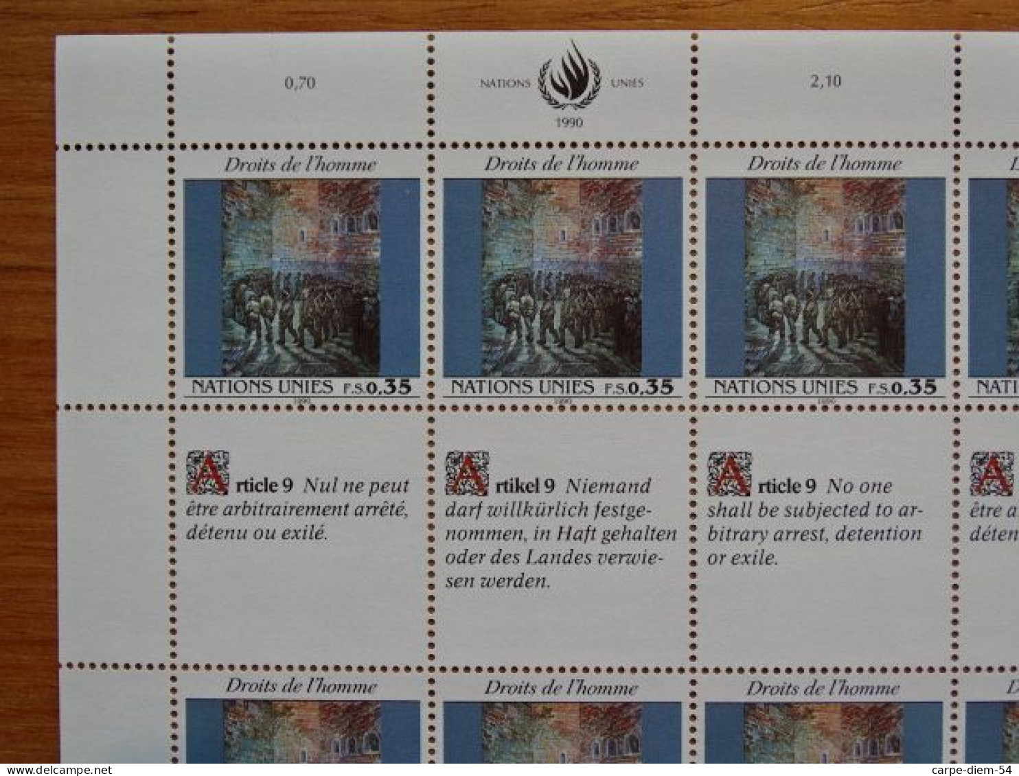 United Nations - Vereinte Nationen - Bloc / Feuillet 12 Timbres - Human Rights - Droits De L'Homme - Article 9 - 1990 - Colecciones & Series