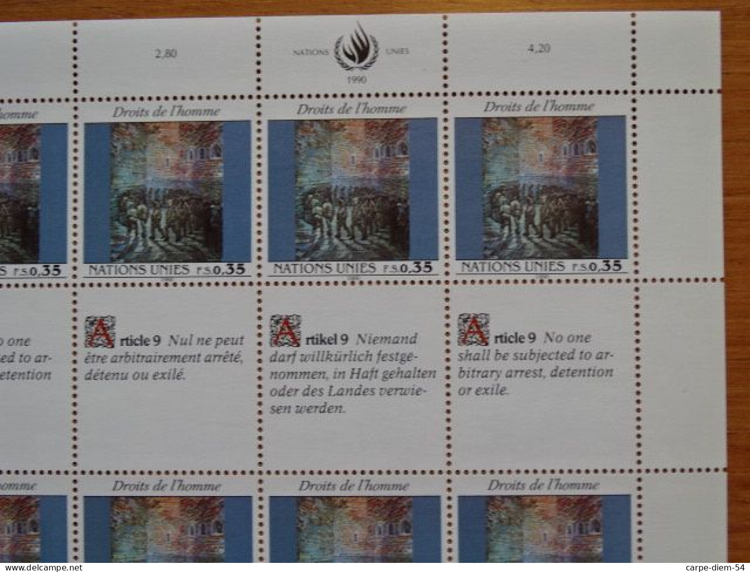 United Nations - Vereinte Nationen - Bloc / Feuillet 12 Timbres - Human Rights - Droits De L'Homme - Article 9 - 1990 - Lots & Serien