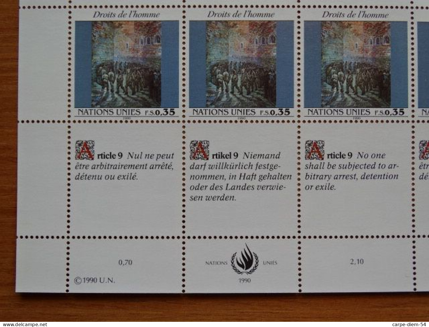 United Nations - Vereinte Nationen - Bloc / Feuillet 12 Timbres - Human Rights - Droits De L'Homme - Article 9 - 1990 - Lots & Serien