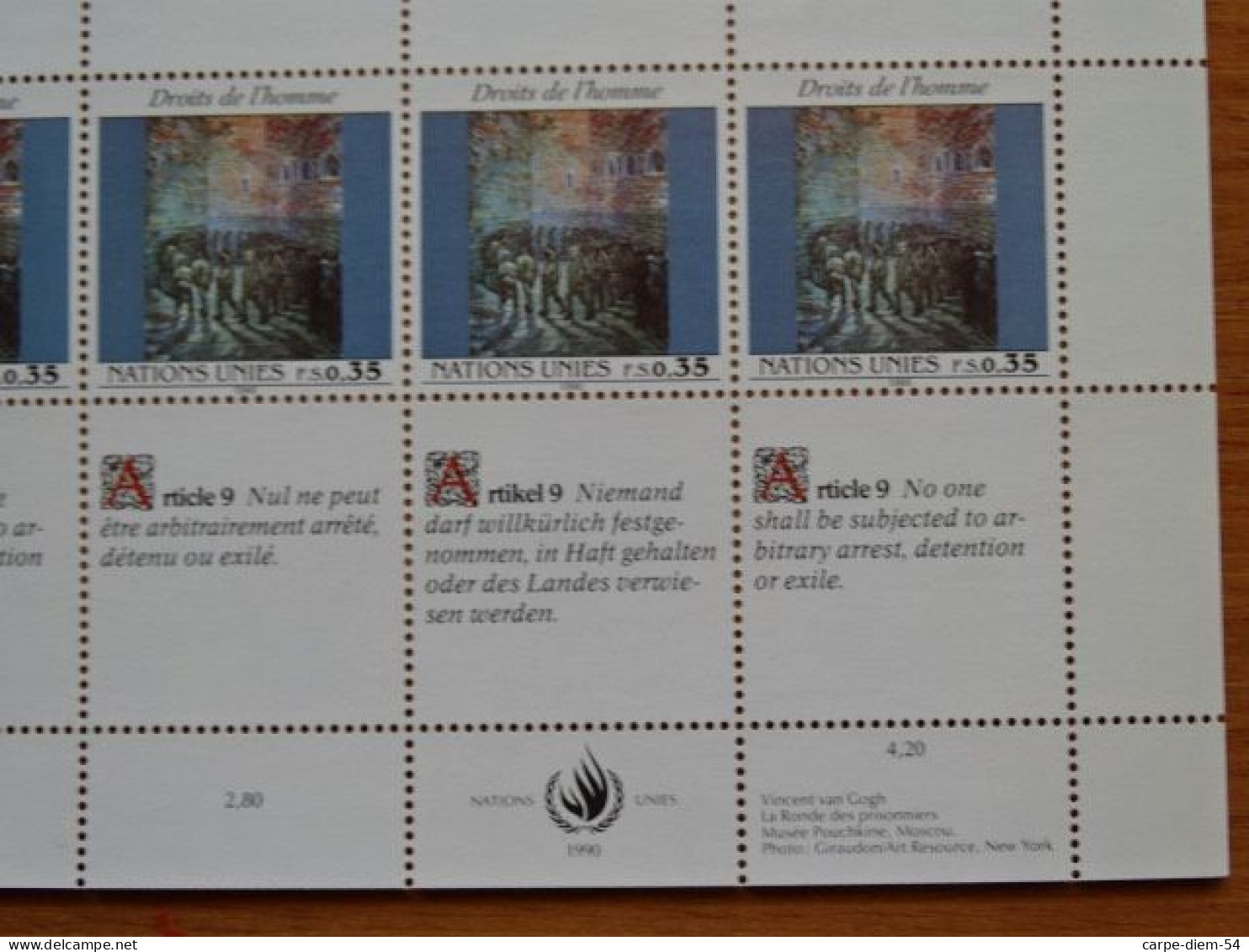 United Nations - Vereinte Nationen - Bloc / Feuillet 12 Timbres - Human Rights - Droits De L'Homme - Article 9 - 1990 - Collections, Lots & Series