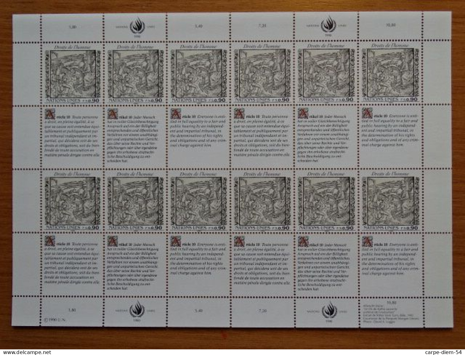 United Nations - Vereinte Nationen - Bloc / Feuillet 12 Timbres - Human Rights - Droits De L'Homme - Article 10 - 1990 - Lots & Serien