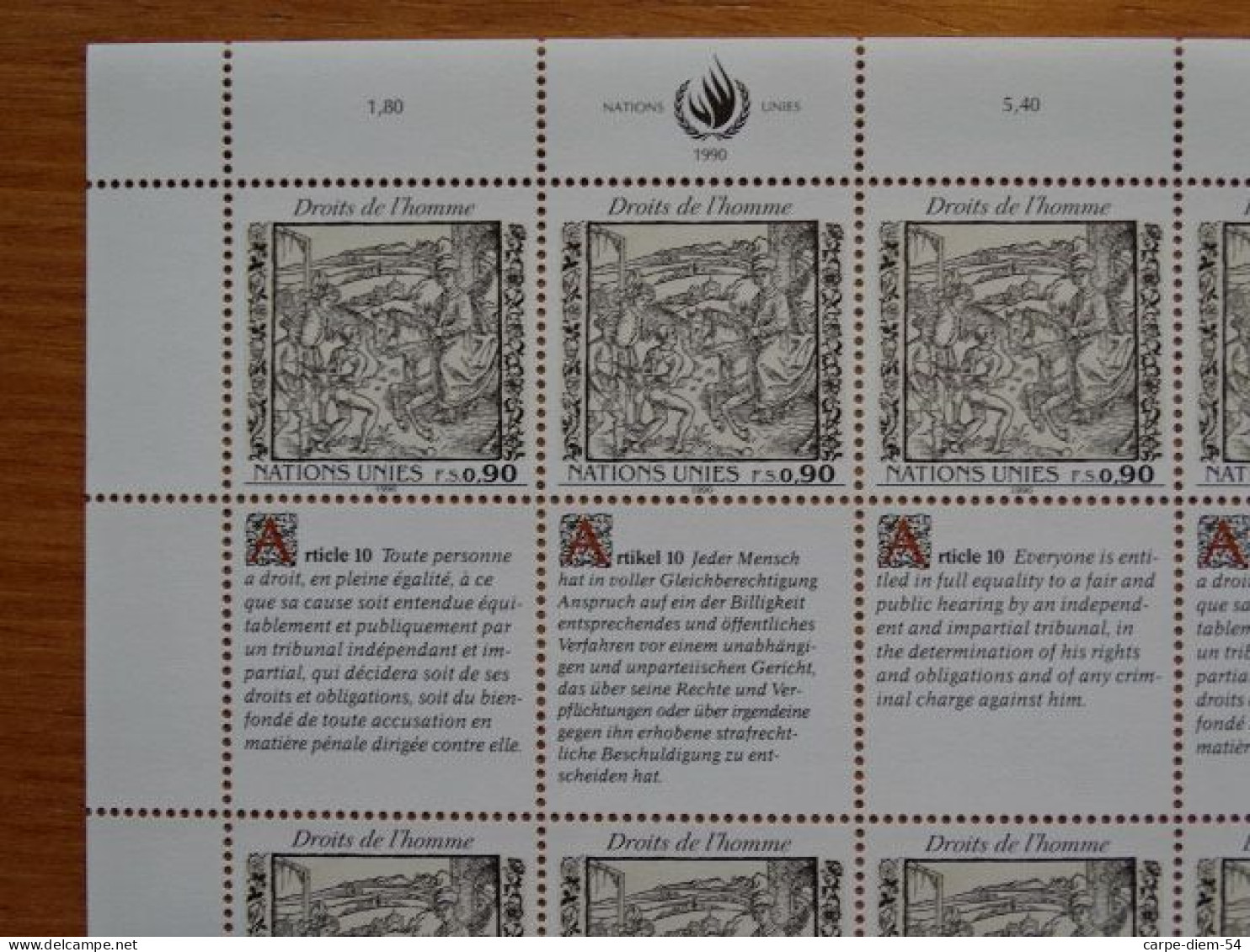 United Nations - Vereinte Nationen - Bloc / Feuillet 12 Timbres - Human Rights - Droits De L'Homme - Article 10 - 1990 - Colecciones & Series