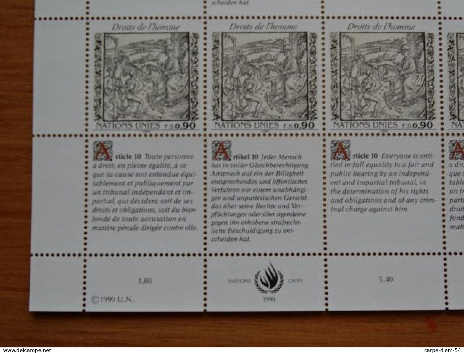 United Nations - Vereinte Nationen - Bloc / Feuillet 12 Timbres - Human Rights - Droits De L'Homme - Article 10 - 1990 - Verzamelingen & Reeksen