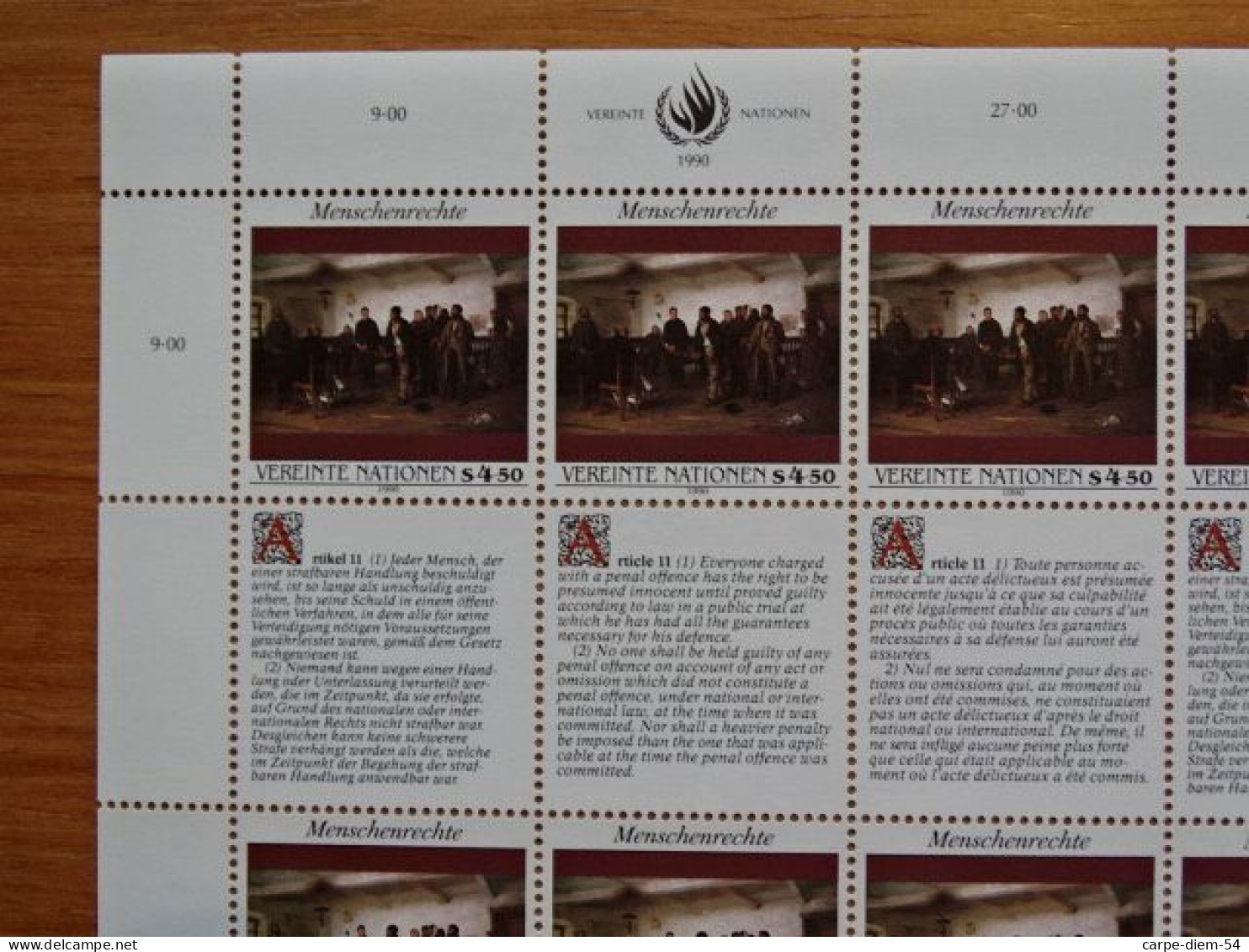 United Nations - Vereinte Nationen - Bloc / Feuillet 12 Timbres - Human Rights - Droits De L'Homme - Article 11 - 1990 - Colecciones & Series