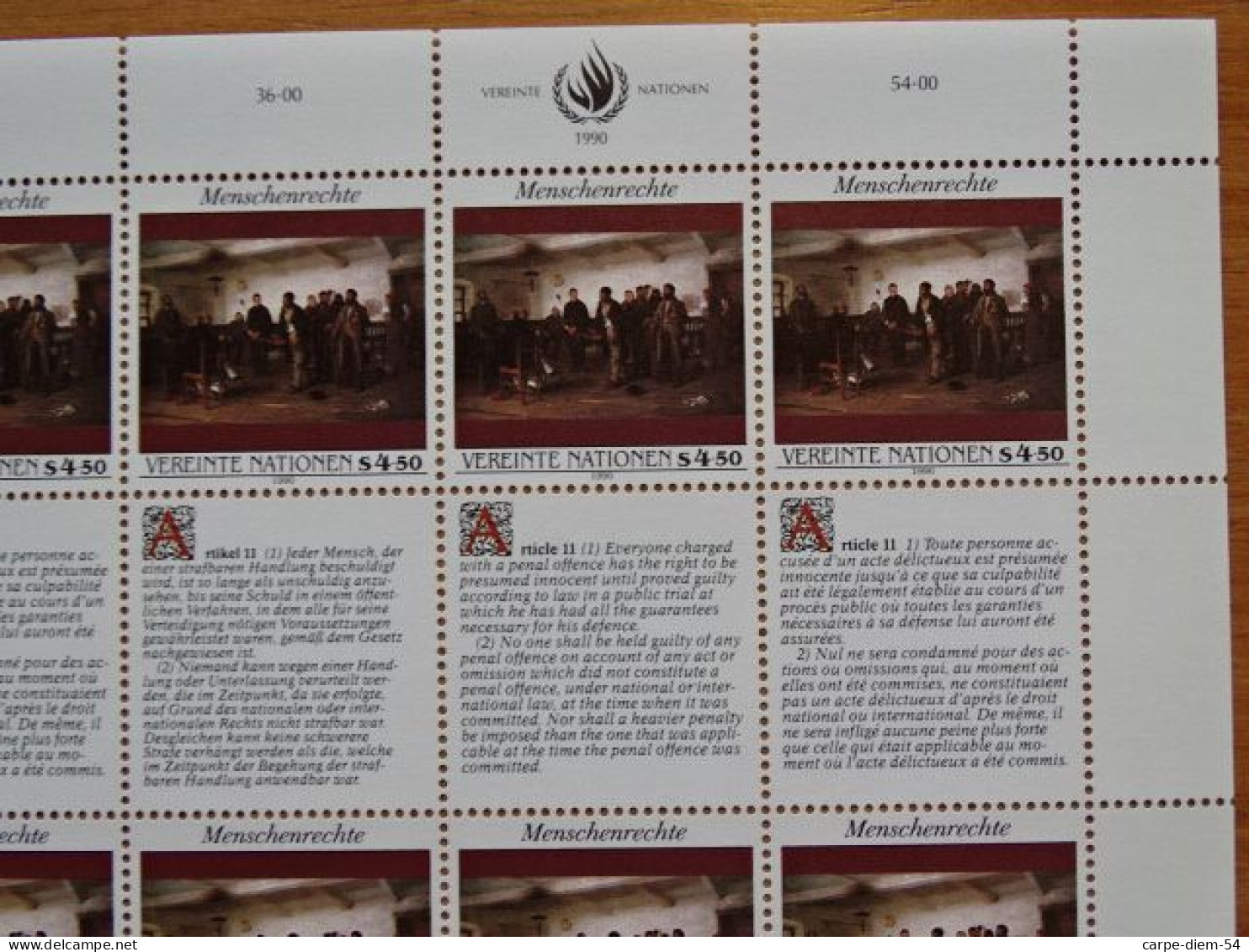 United Nations - Vereinte Nationen - Bloc / Feuillet 12 Timbres - Human Rights - Droits De L'Homme - Article 11 - 1990 - Lots & Serien