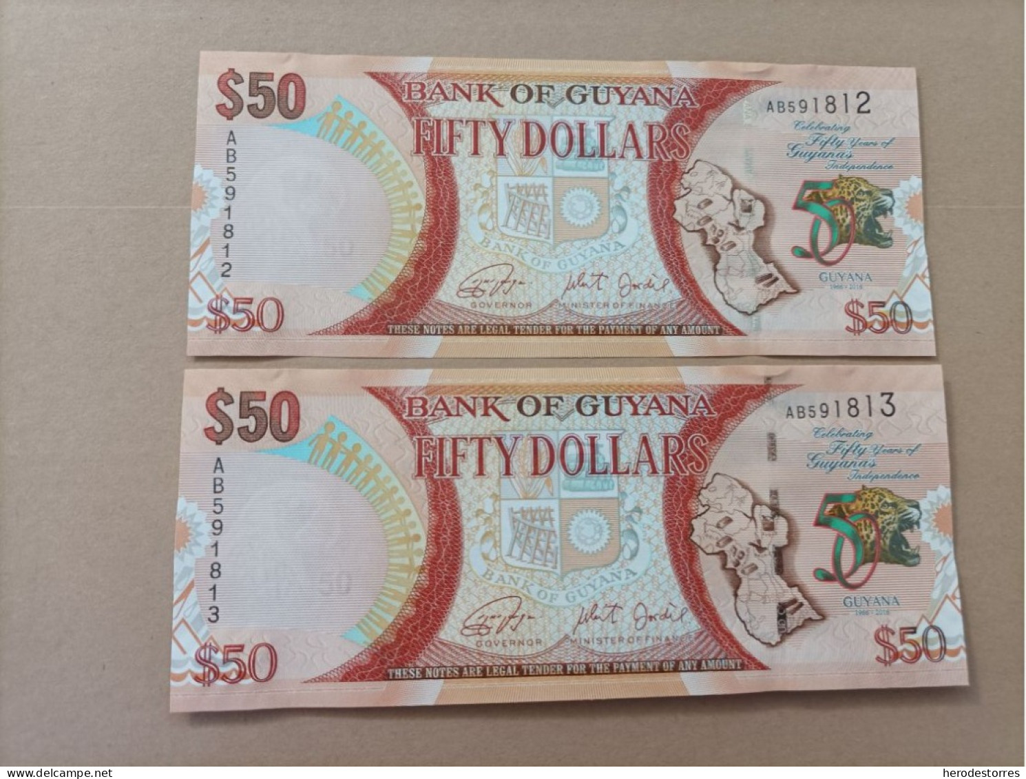 Pareja Correlativa De Guyana De 50 Dólares, Año 2016, UNC - Guyana
