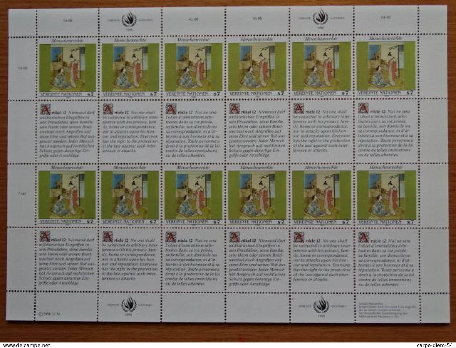 United Nations - Vereinte Nationen - Bloc / Feuillet 12 Timbres - Human Rights - Droits De L'Homme - Article 12 - 1990 - Verzamelingen & Reeksen