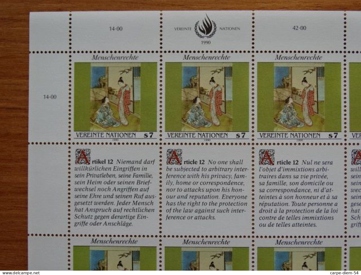 United Nations - Vereinte Nationen - Bloc / Feuillet 12 Timbres - Human Rights - Droits De L'Homme - Article 12 - 1990 - Collections, Lots & Séries