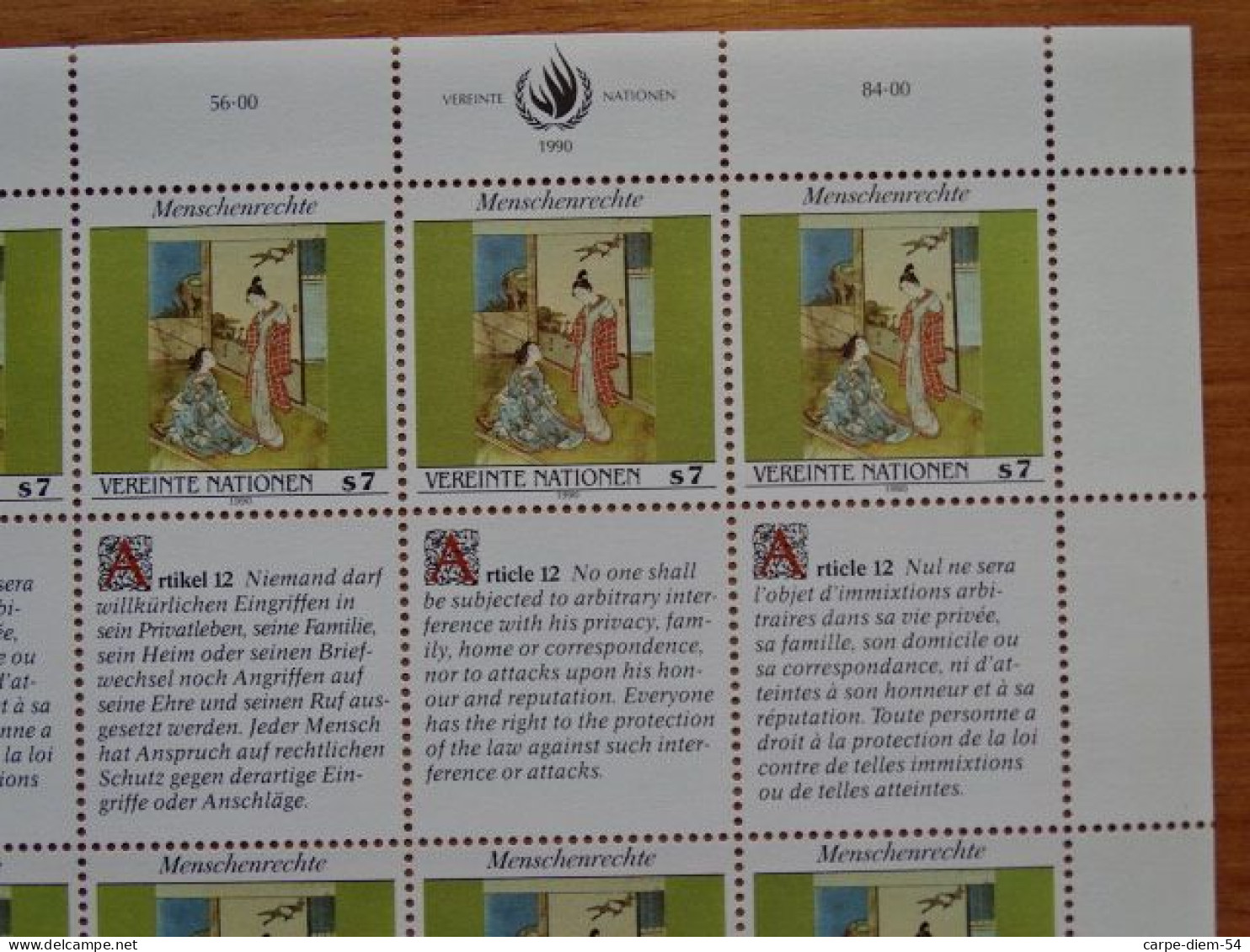 United Nations - Vereinte Nationen - Bloc / Feuillet 12 Timbres - Human Rights - Droits De L'Homme - Article 12 - 1990 - Verzamelingen & Reeksen