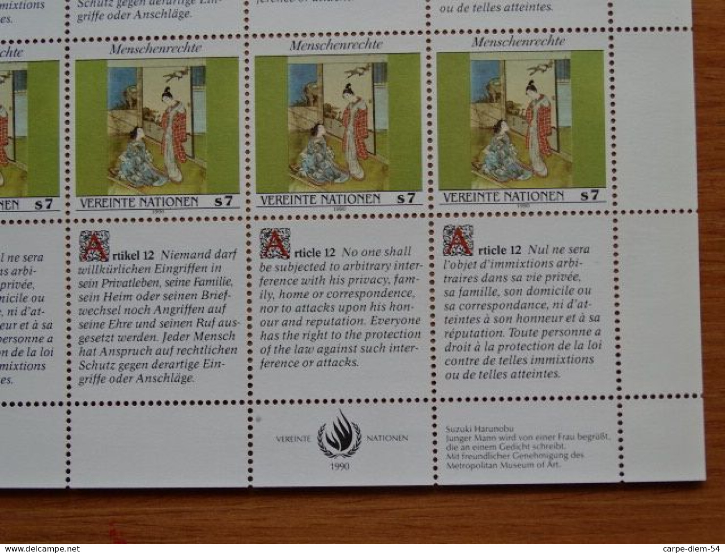 United Nations - Vereinte Nationen - Bloc / Feuillet 12 Timbres - Human Rights - Droits De L'Homme - Article 12 - 1990 - Verzamelingen & Reeksen